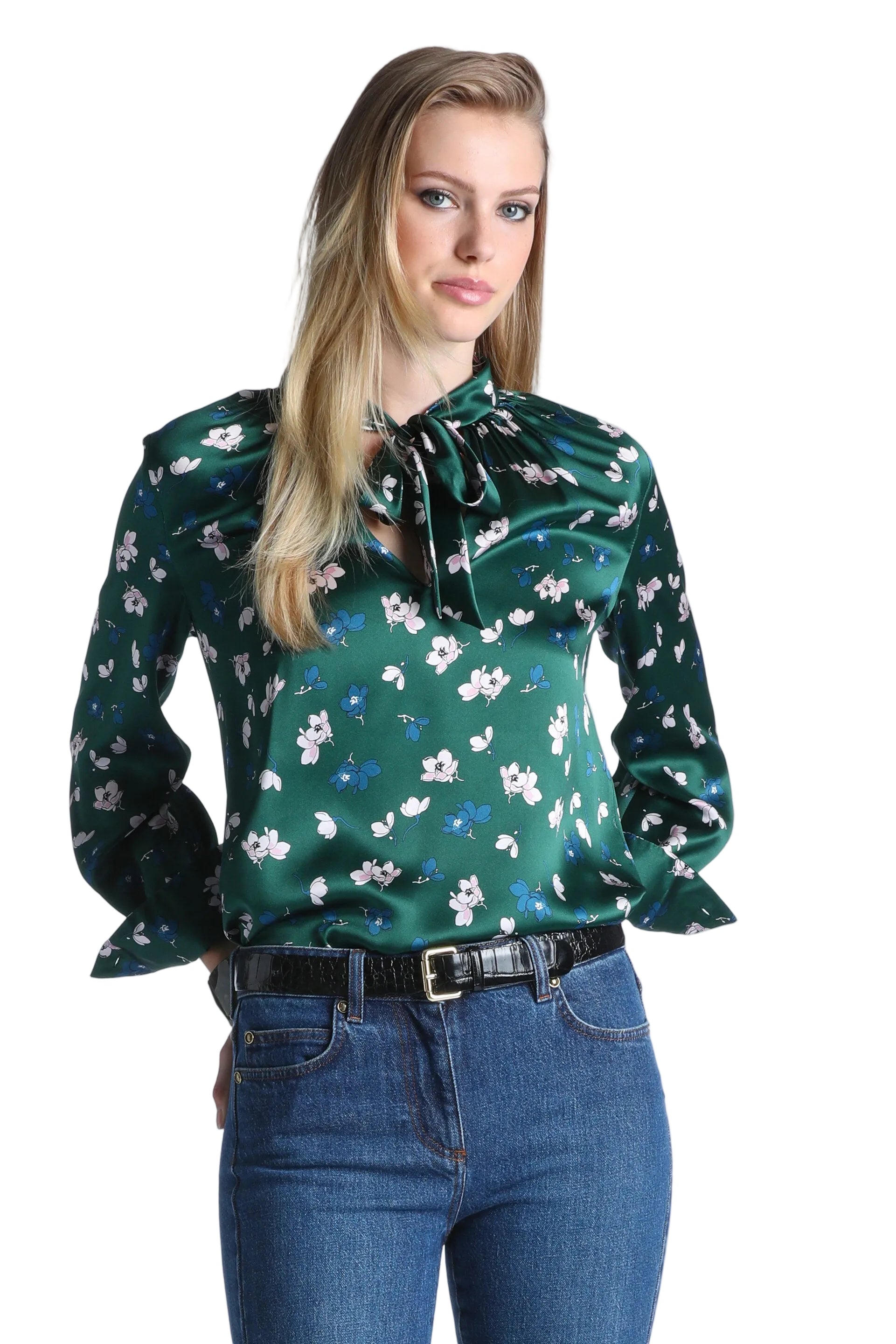 Dark green satin-like shirt with a high tie-neck and all-over pattern of small light pink and blue flowers.