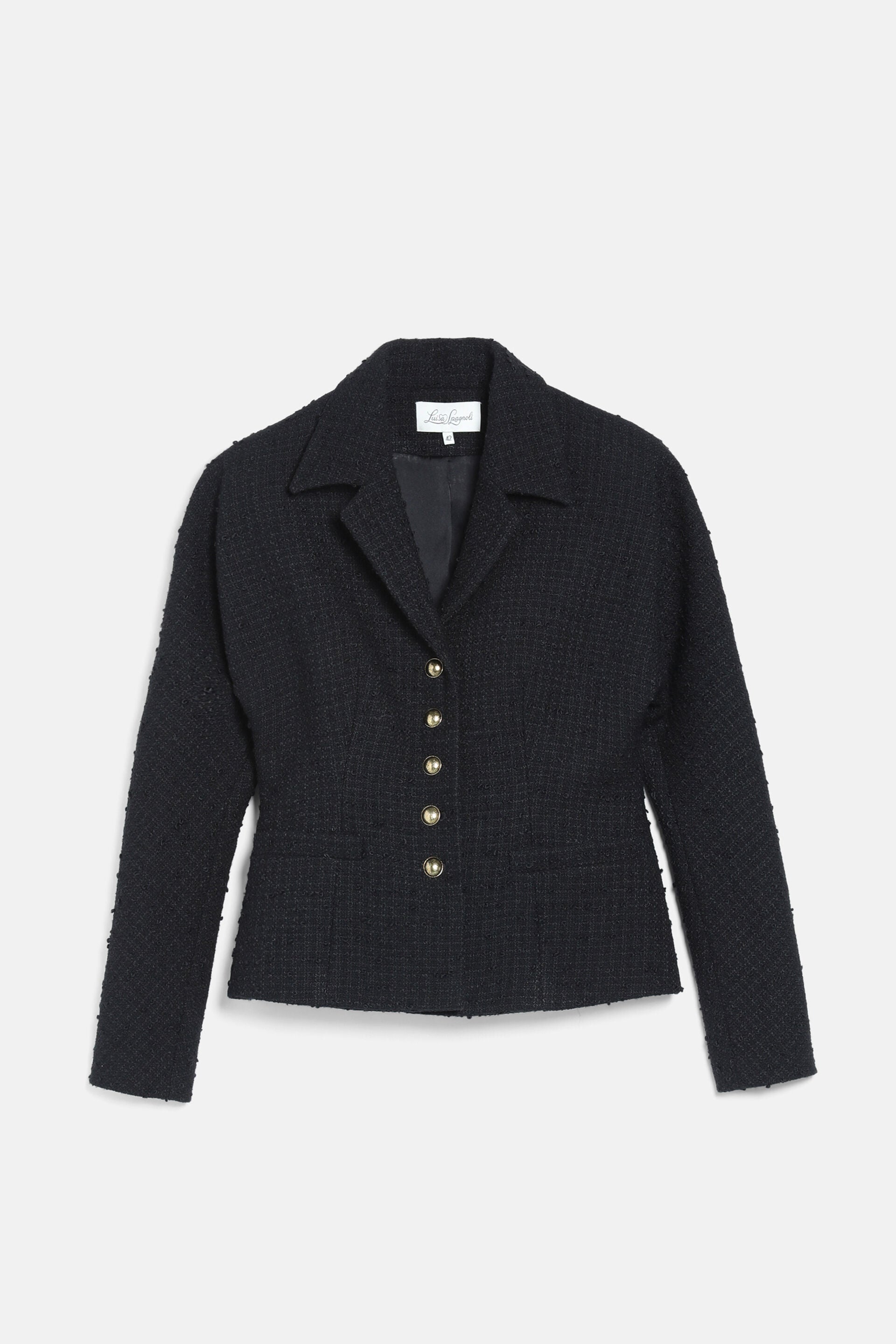 Black textured jacket with a collared neckline, long sleeves, a fitted waist, and four gold-toned buttons down the front.