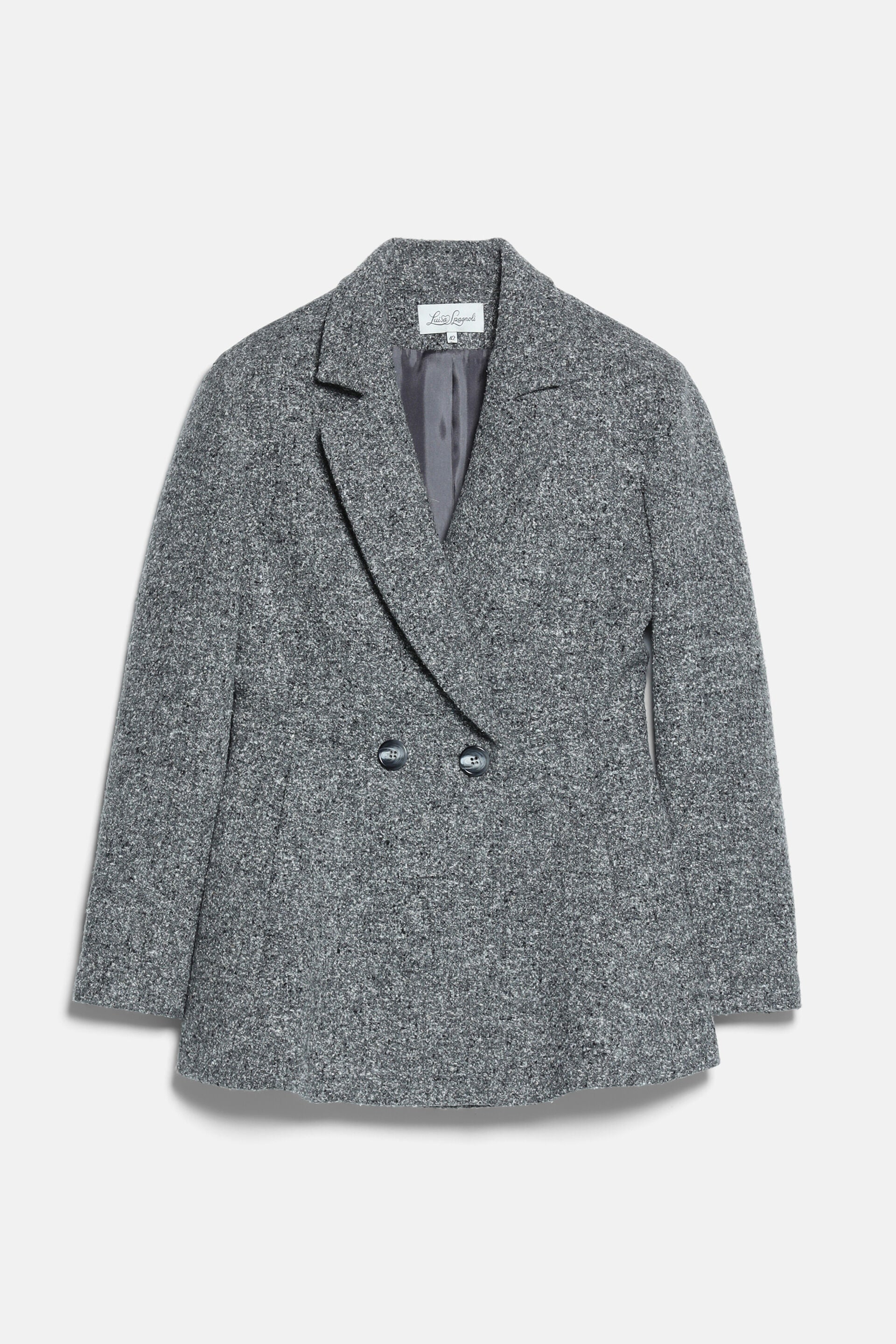 Grey speckled double-breasted jacket with notched lapels, two dark buttons, and a slightly flared hem.