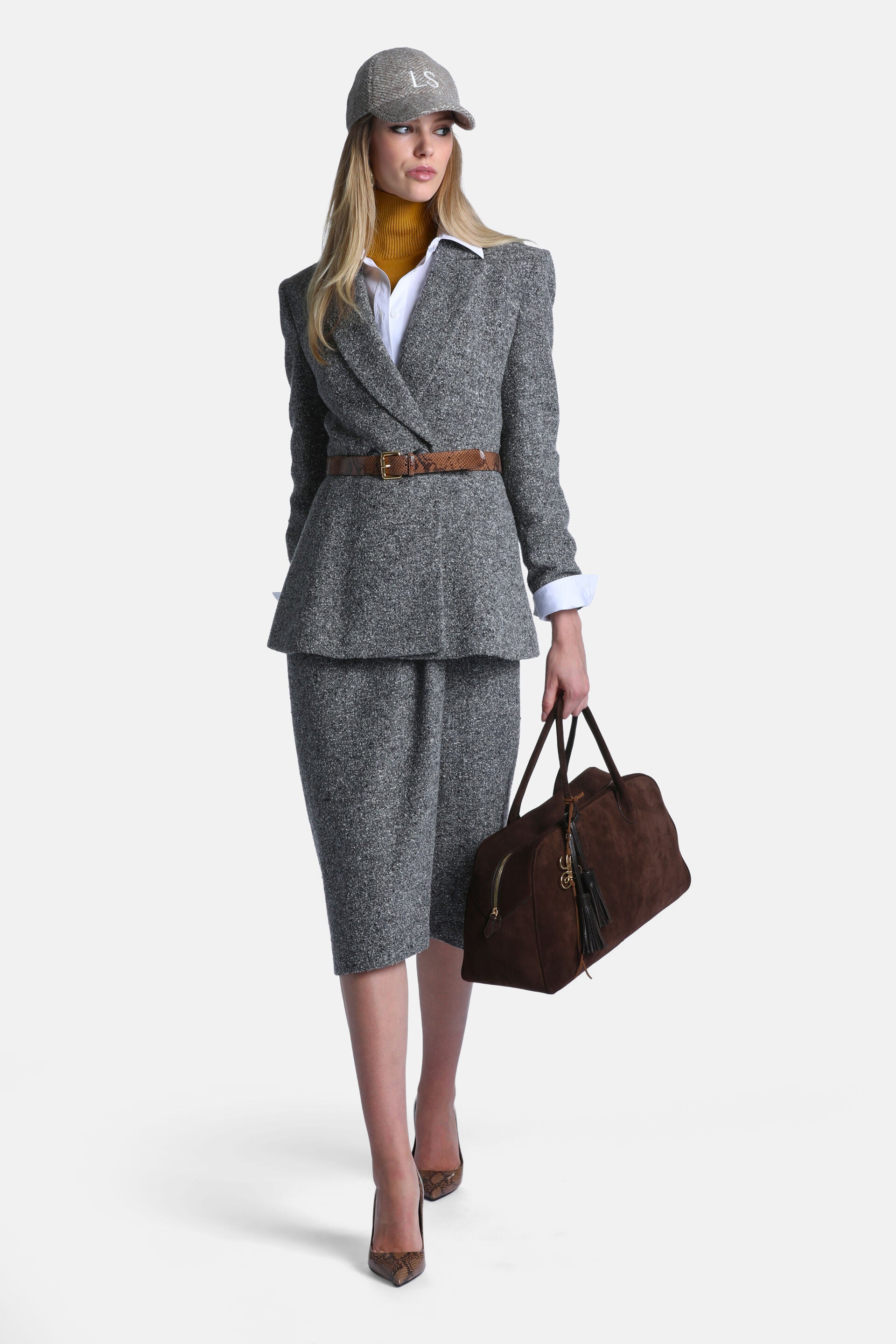 Greycream speckled double-breasted jacket with notched lapels, long sleeves, and a peplum hem.