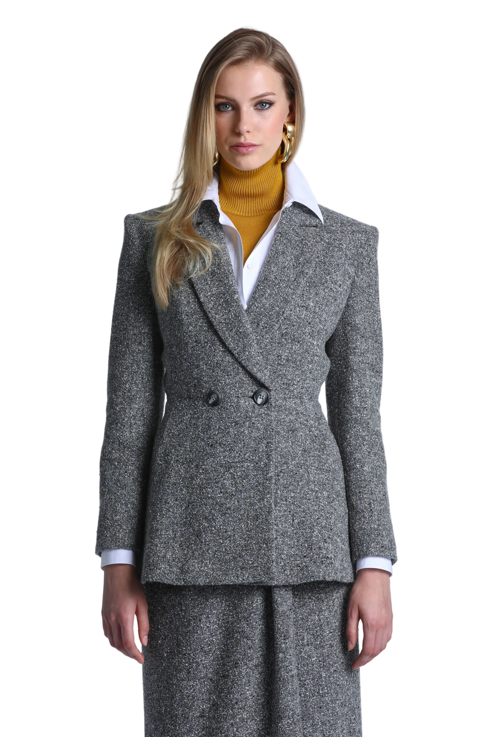 Double-breasted jacket in grey and cream speckled tweed fabric with notched lapels and two front buttons.