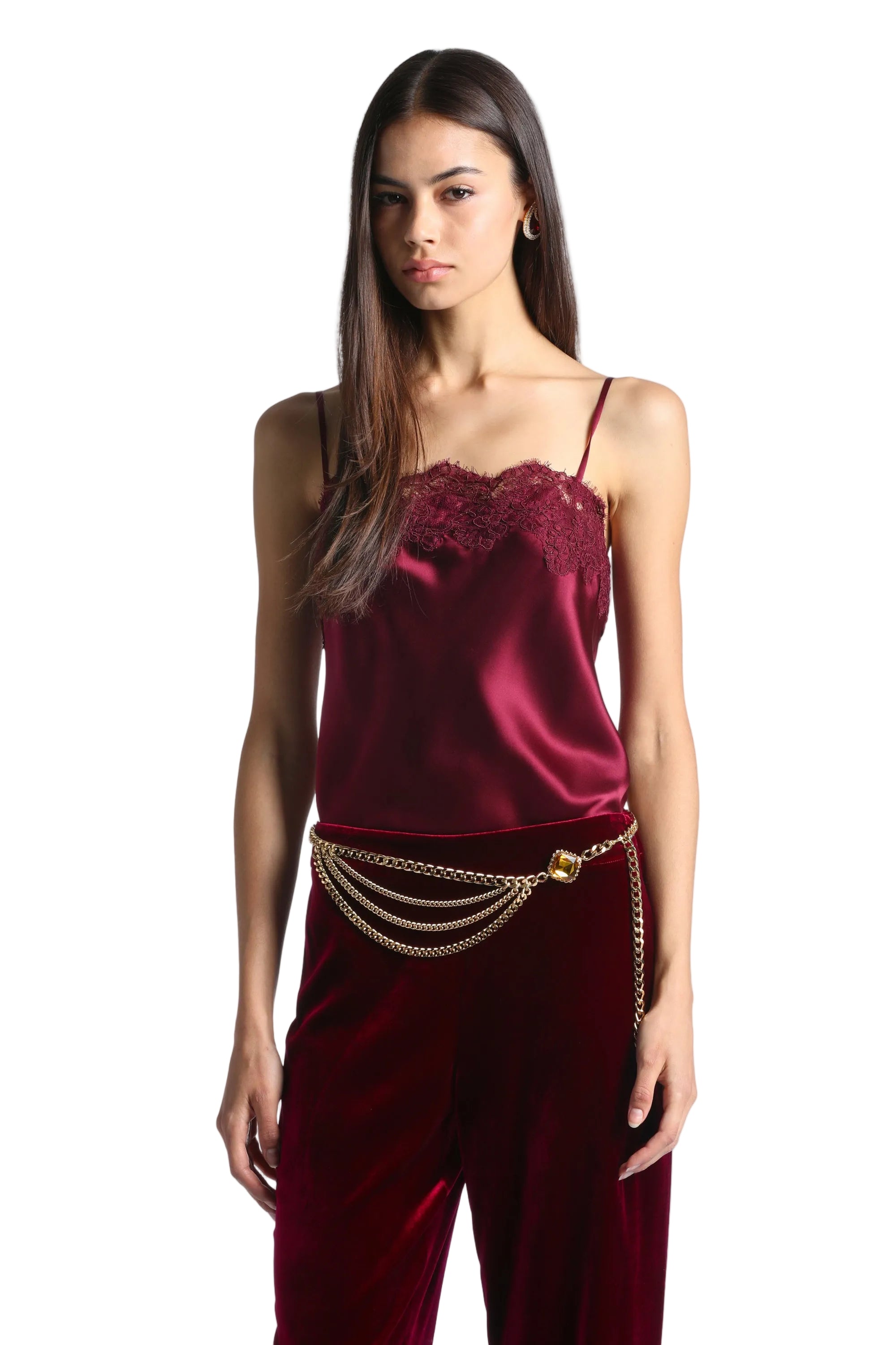 Burgundy satin cami top with thin spaghetti straps and a V-neckline featuring matching lace trim.