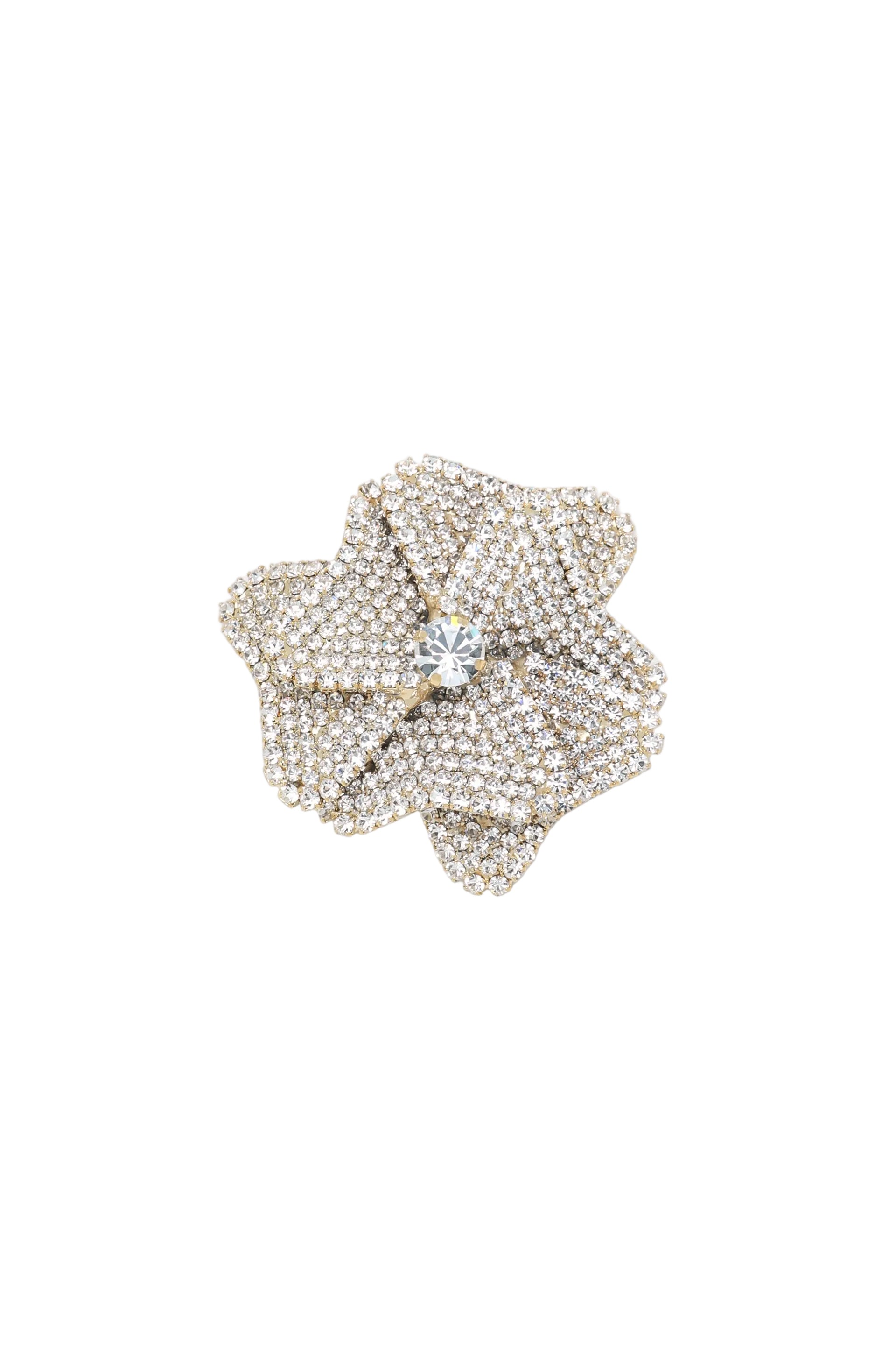 Gold-toned floral brooch, entirely covered in clear pavé-set rhinestones, with a larger clear faceted stone at its centre.