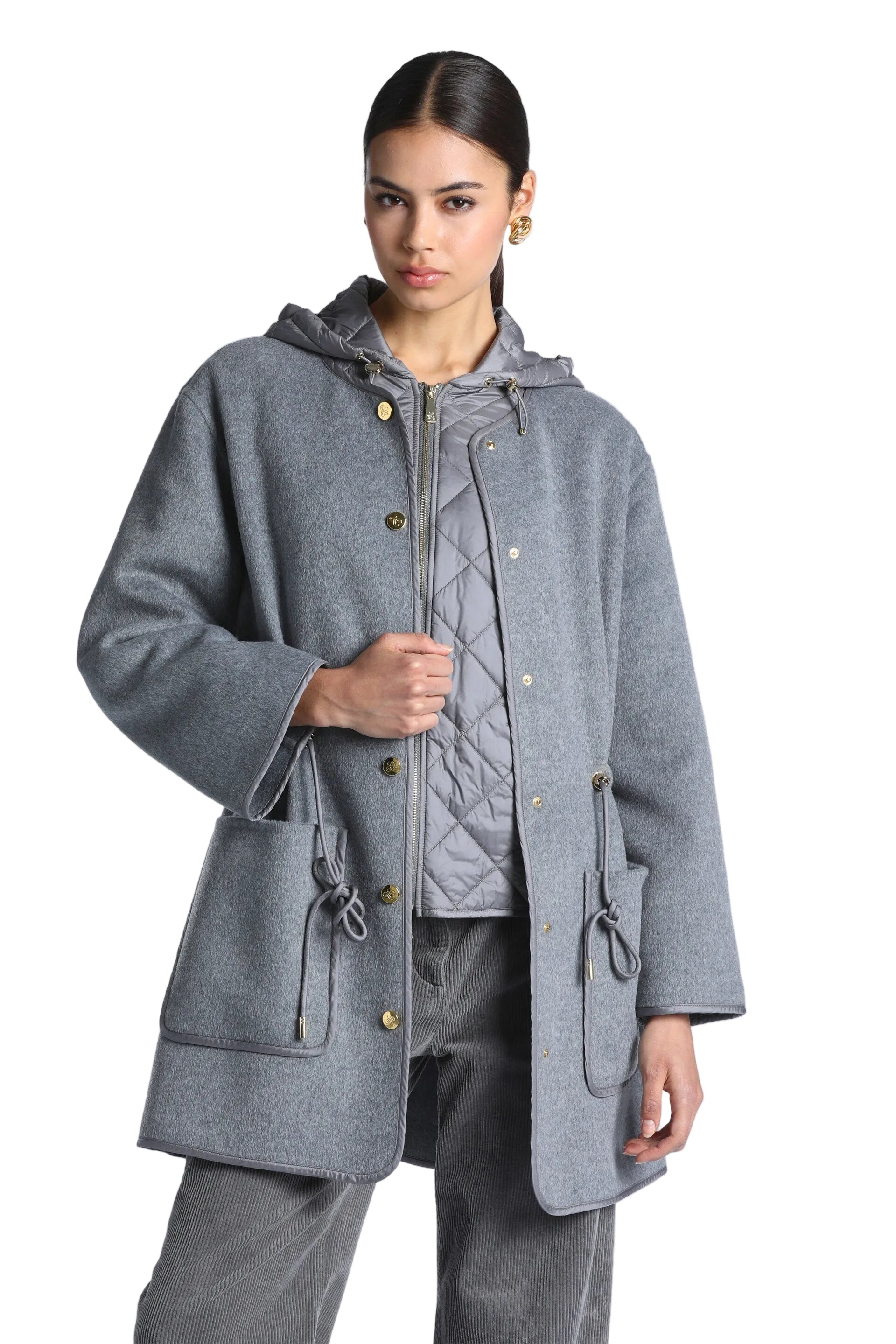Grey melange coat with quilted hooded vest, gold-toned snaps, front patch pockets with drawstrings, and dark grey trim.