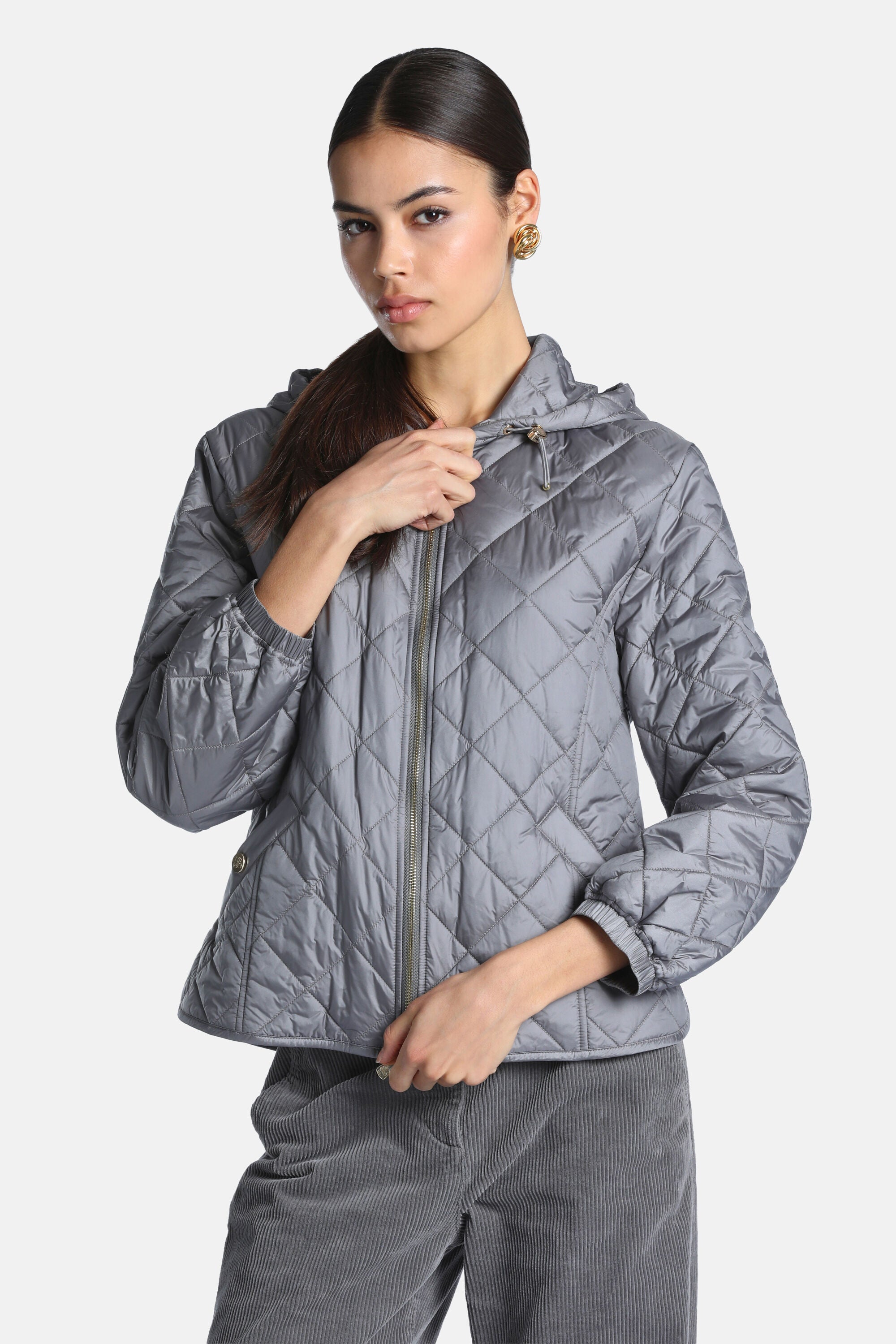 Grey melange quilted jacket with a hood, full zip, elasticated cuffs, and gold-toned hardware. Diamond quilting.