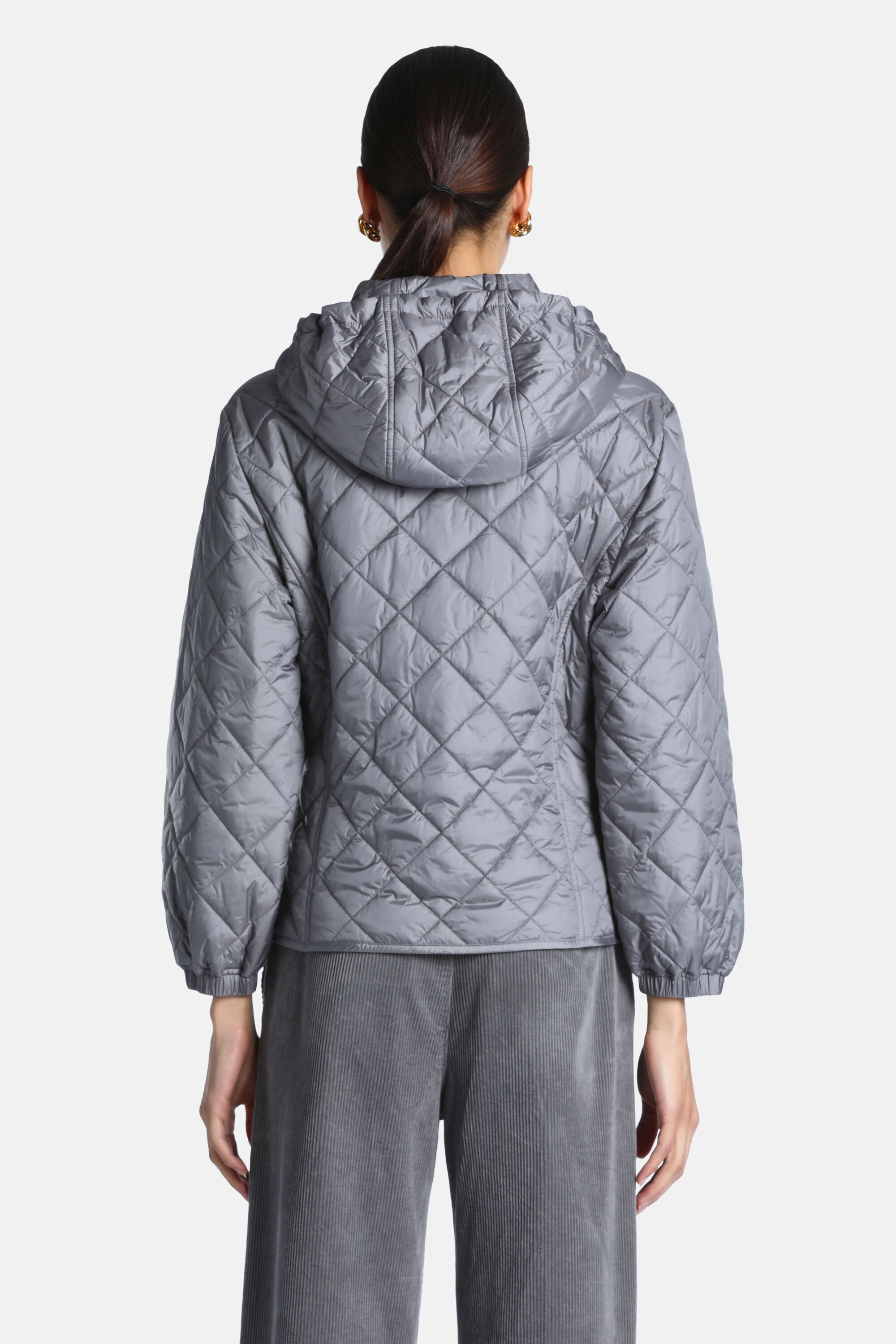 Grey melange quilted jacket with a hood, diamond pattern, and elasticated cuffs and hem, viewed from the back.