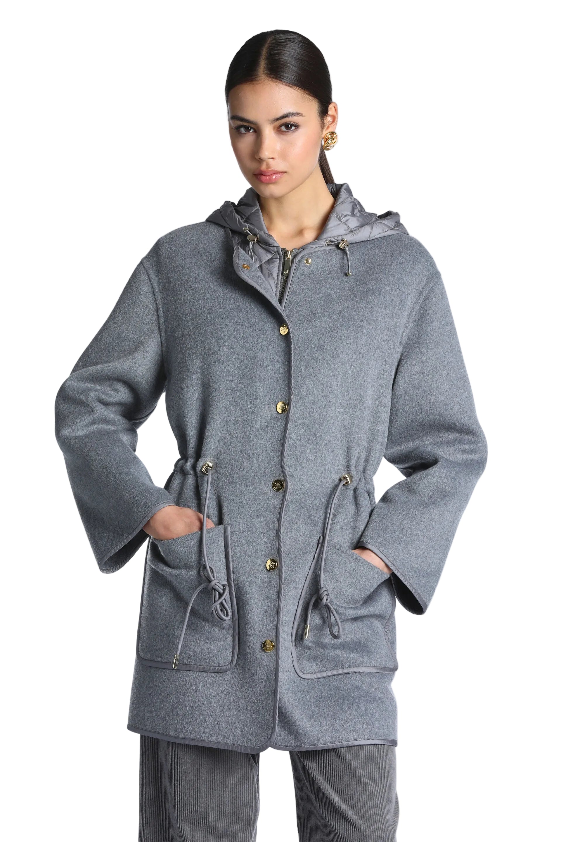 Grey melange coat with a quilted hood, gold-toned zipper and buttons, waist drawstrings, and two large patch pockets with dra