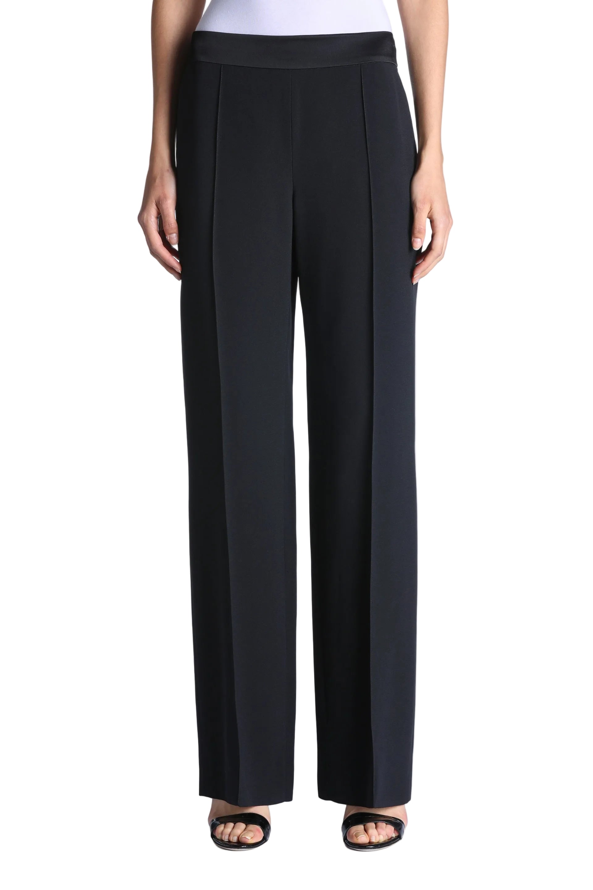 Black wide-leg trousers with a high waist, vertical front seams, and a contrasting black satin-finish waistband.