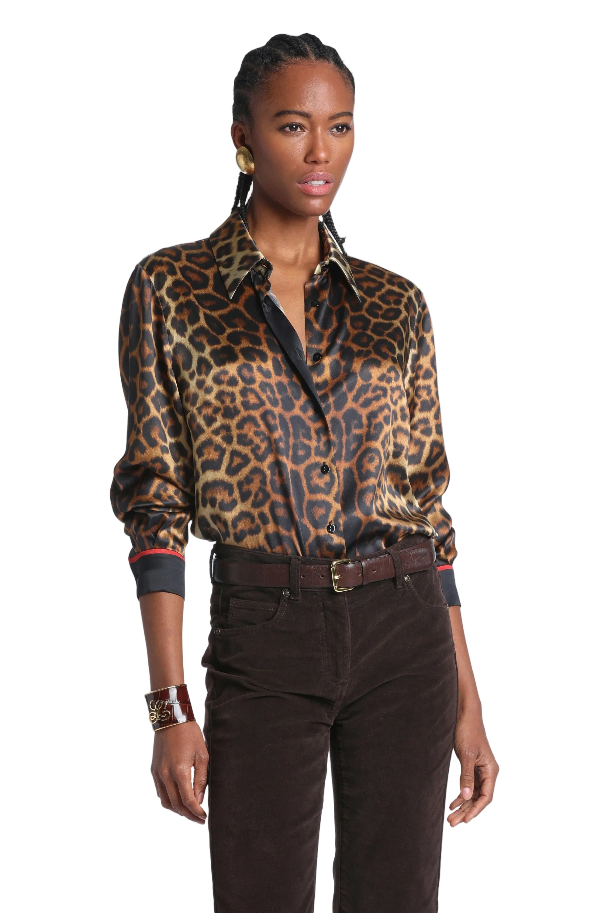 Brown and black animal print silk shirt with a pointed collar, dark buttons, and black cuffs with a red stripe.