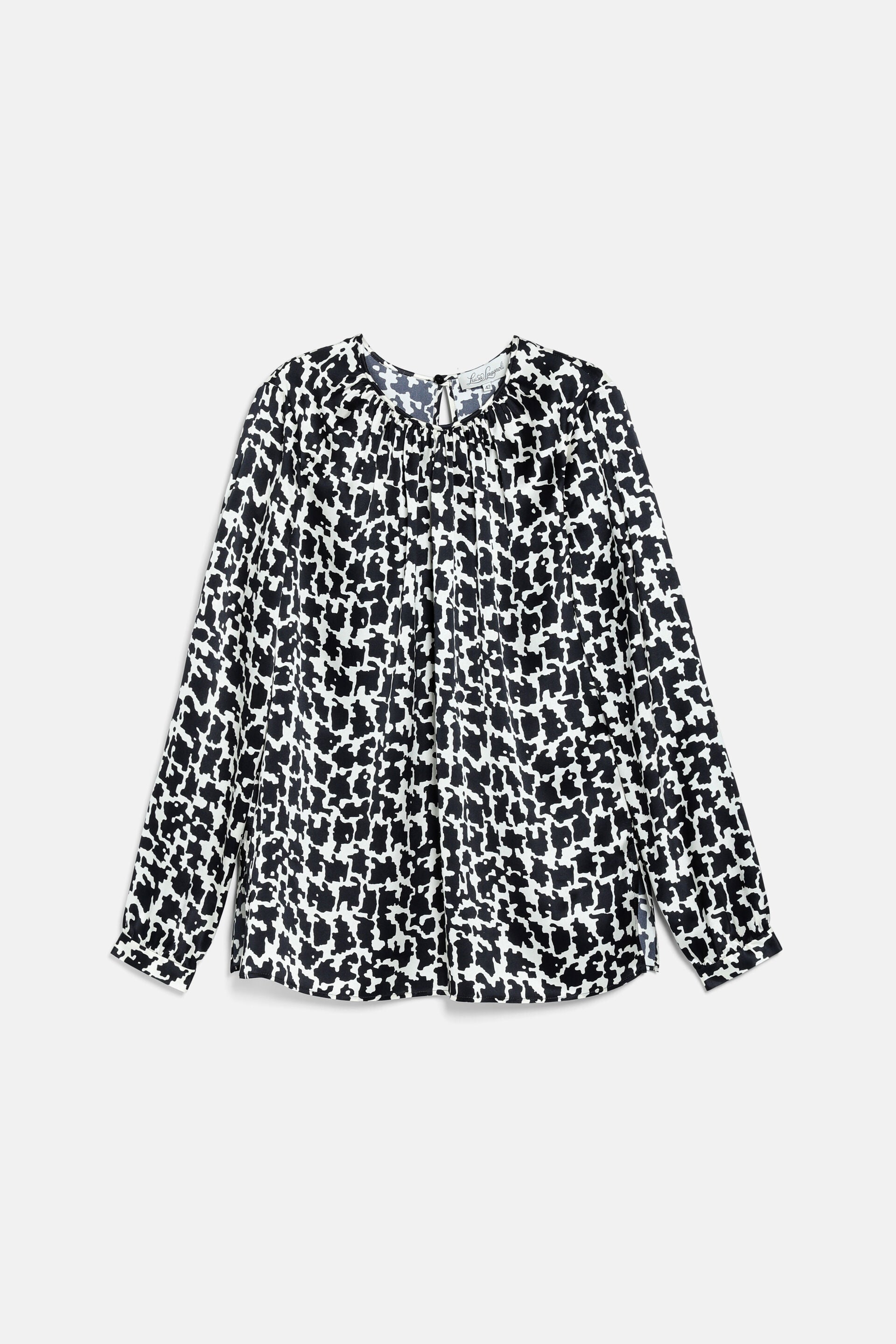 Black and cream abstract print long-sleeved shirt with a gathered round neck and buttoned cuffs.