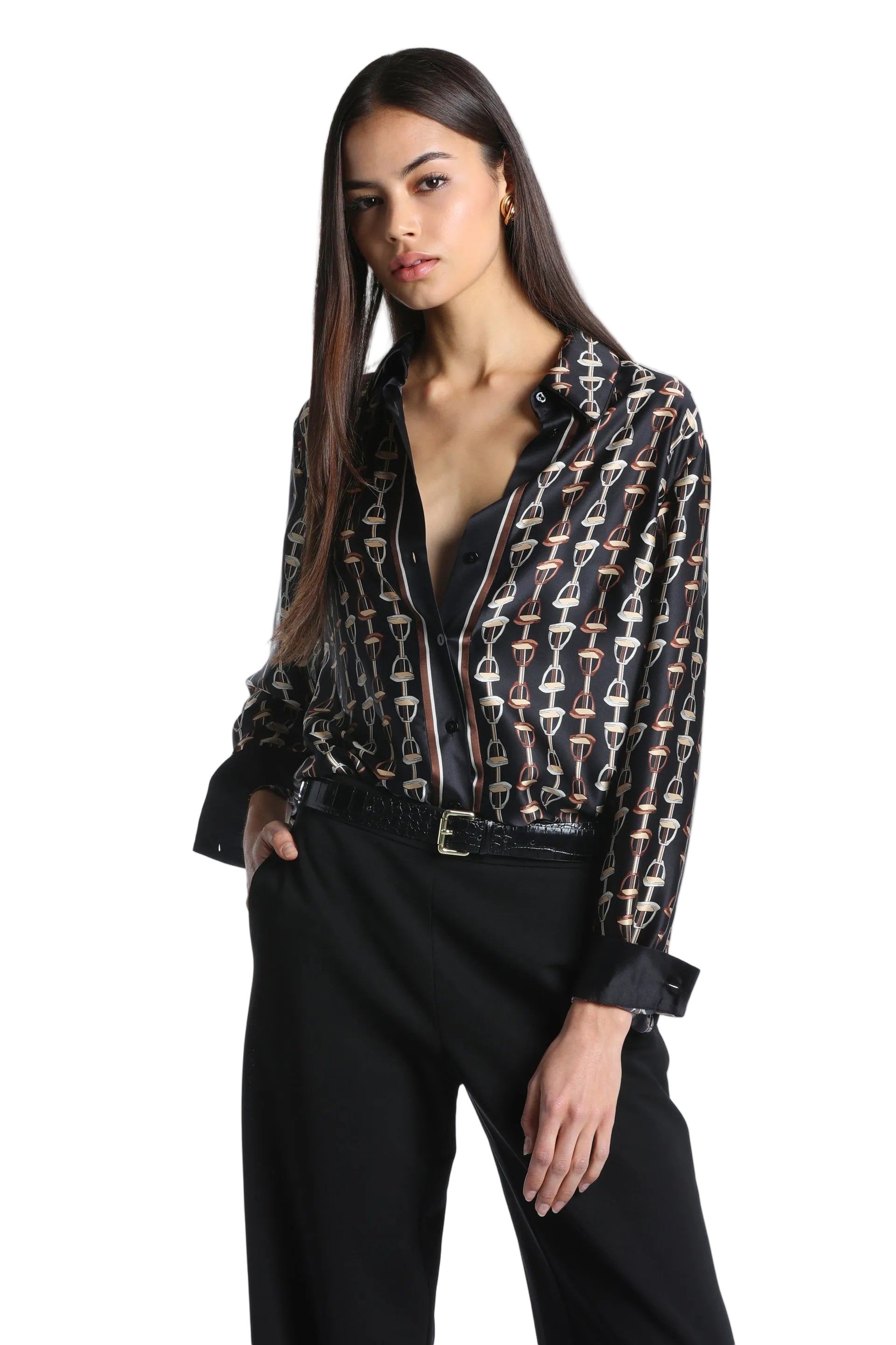 Black silk shirt with brown, cream, and white equestrian bridle-bit pattern, pointed collar, and buttoned cuffs.