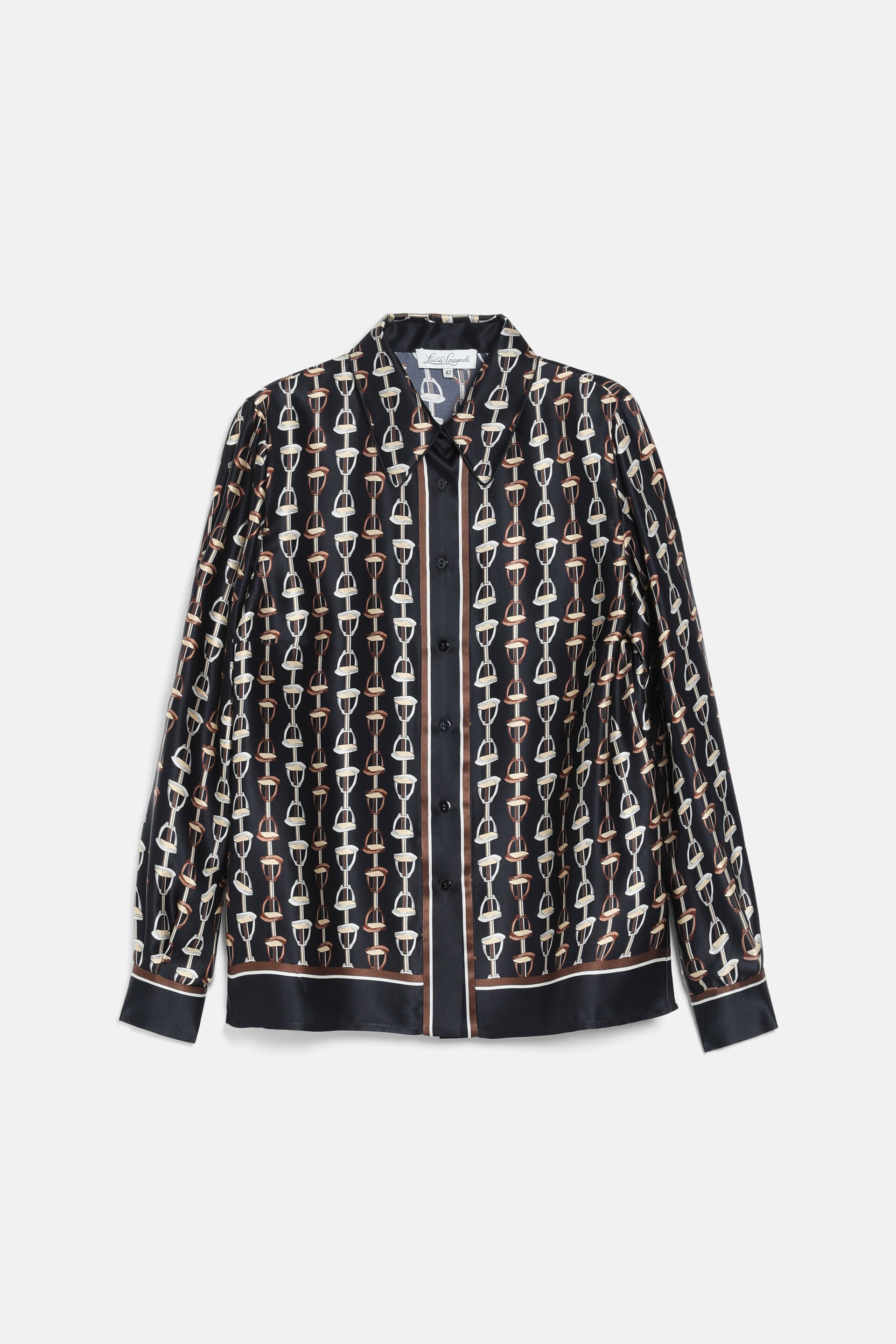 Black silk shirt with an all-over print of beige and brown equestrian horse bits. Features a collar, button front, and stripe