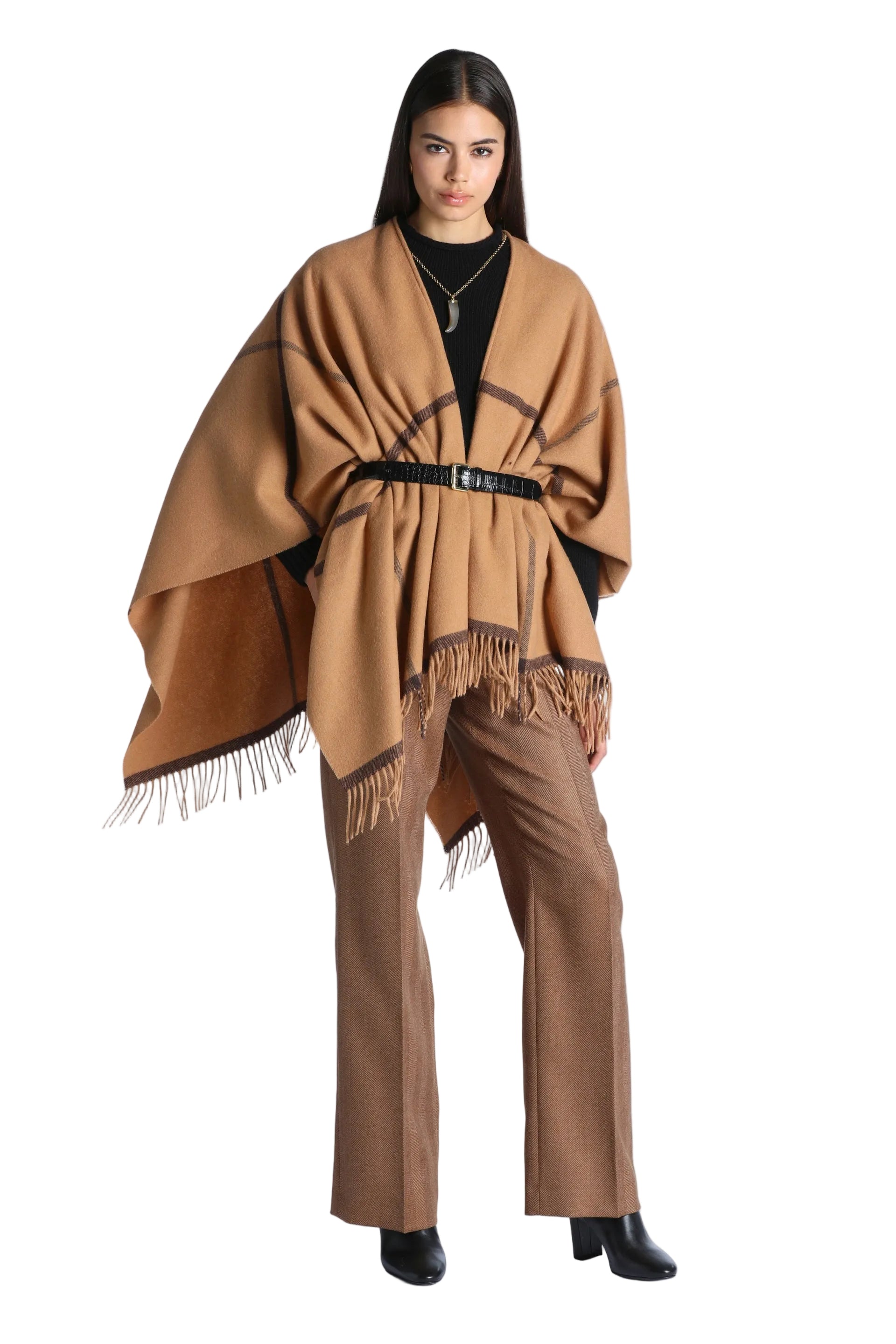 Camel brown woven cape with dark brown check pattern and fringe edges.