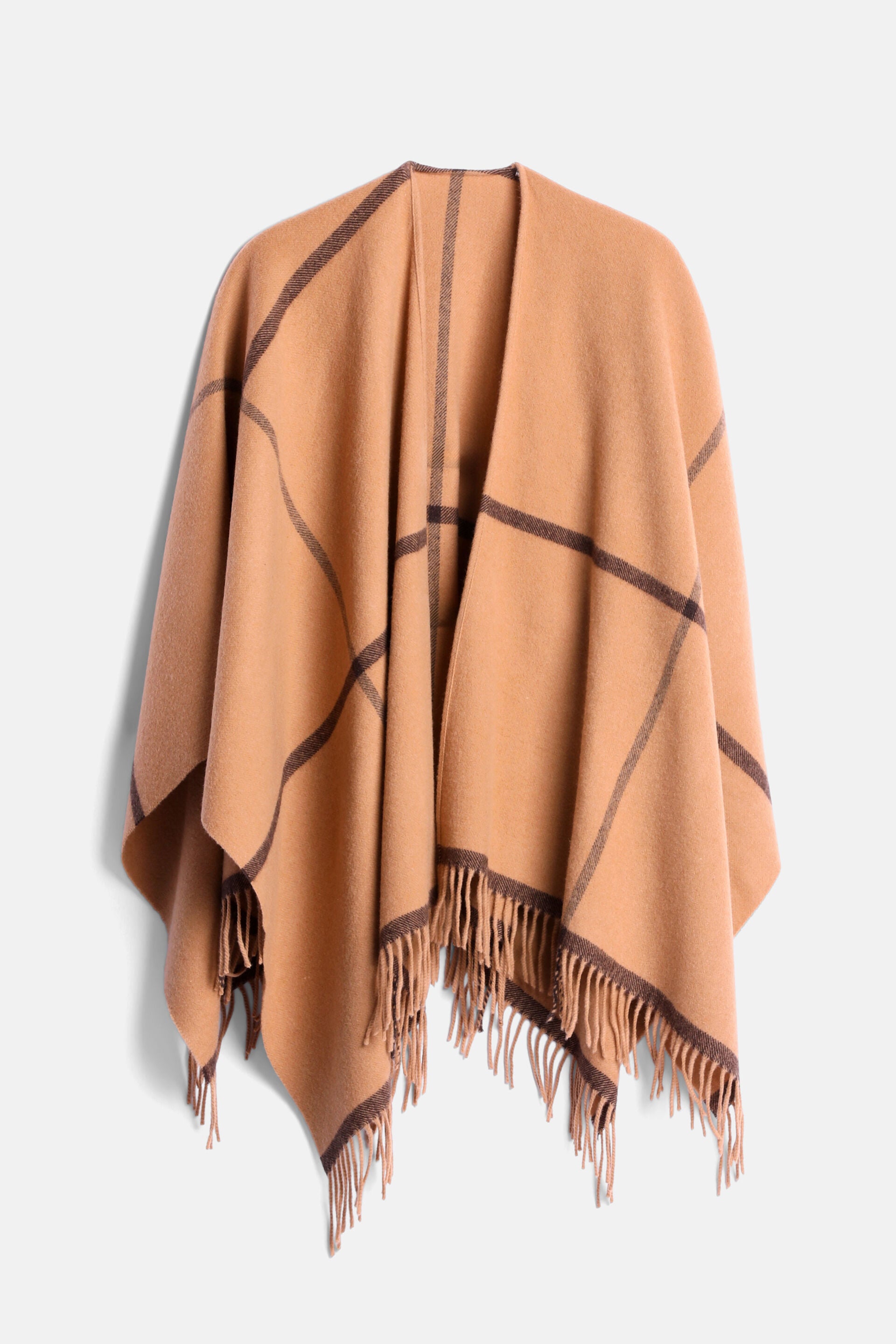 Tan cape with dark brown abstract plaid pattern and fringed hem.