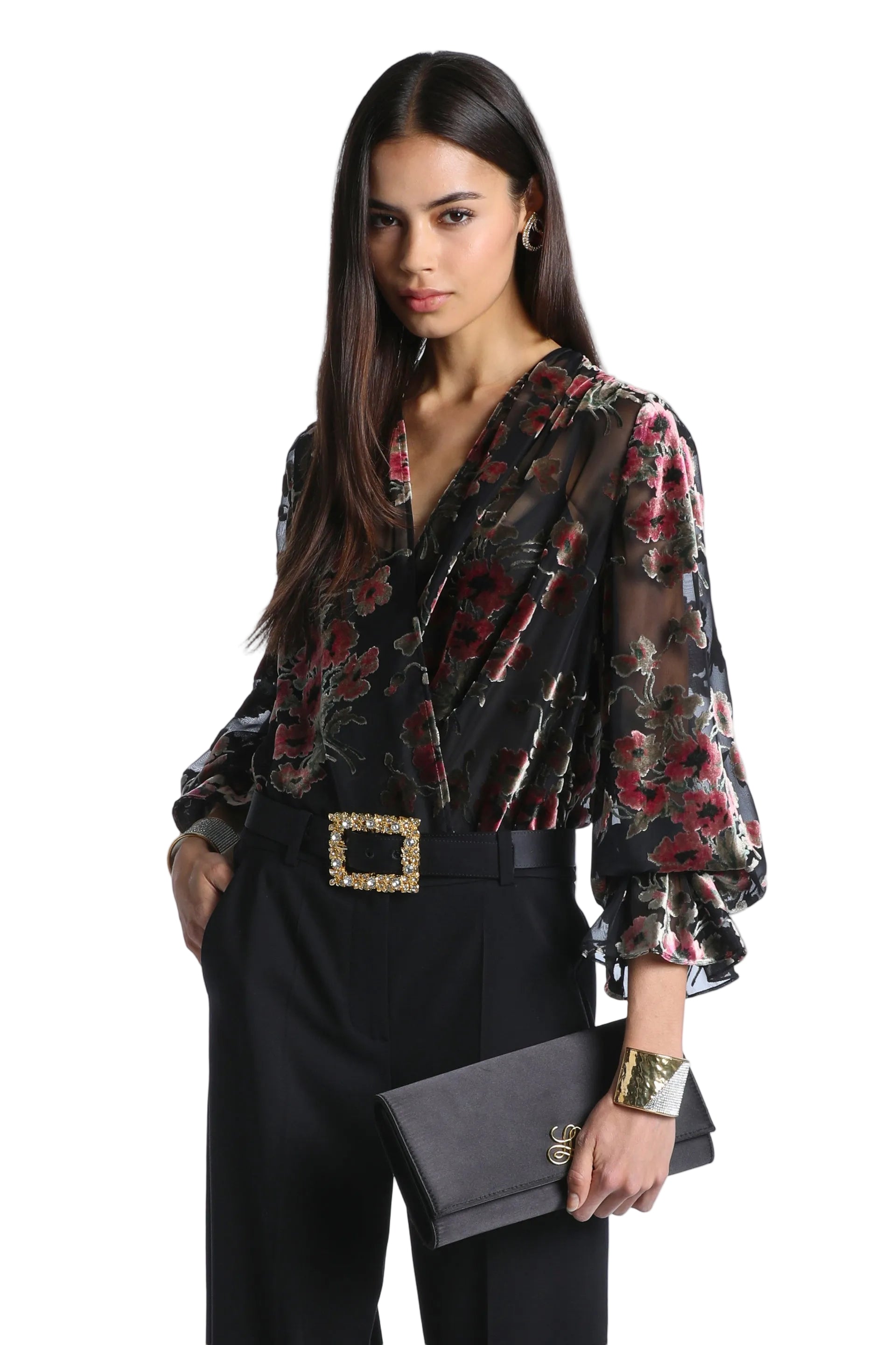 Black sheer shirt with pink and red velvet floral pattern, V-neck, and voluminous long sleeves with ruffled cuffs.