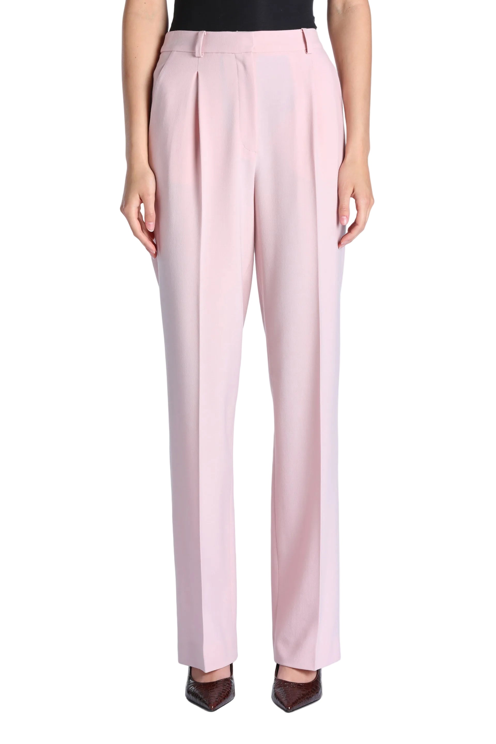 Light pink high-waisted tailored trousers with double front pleats, belt loops, and side pockets.