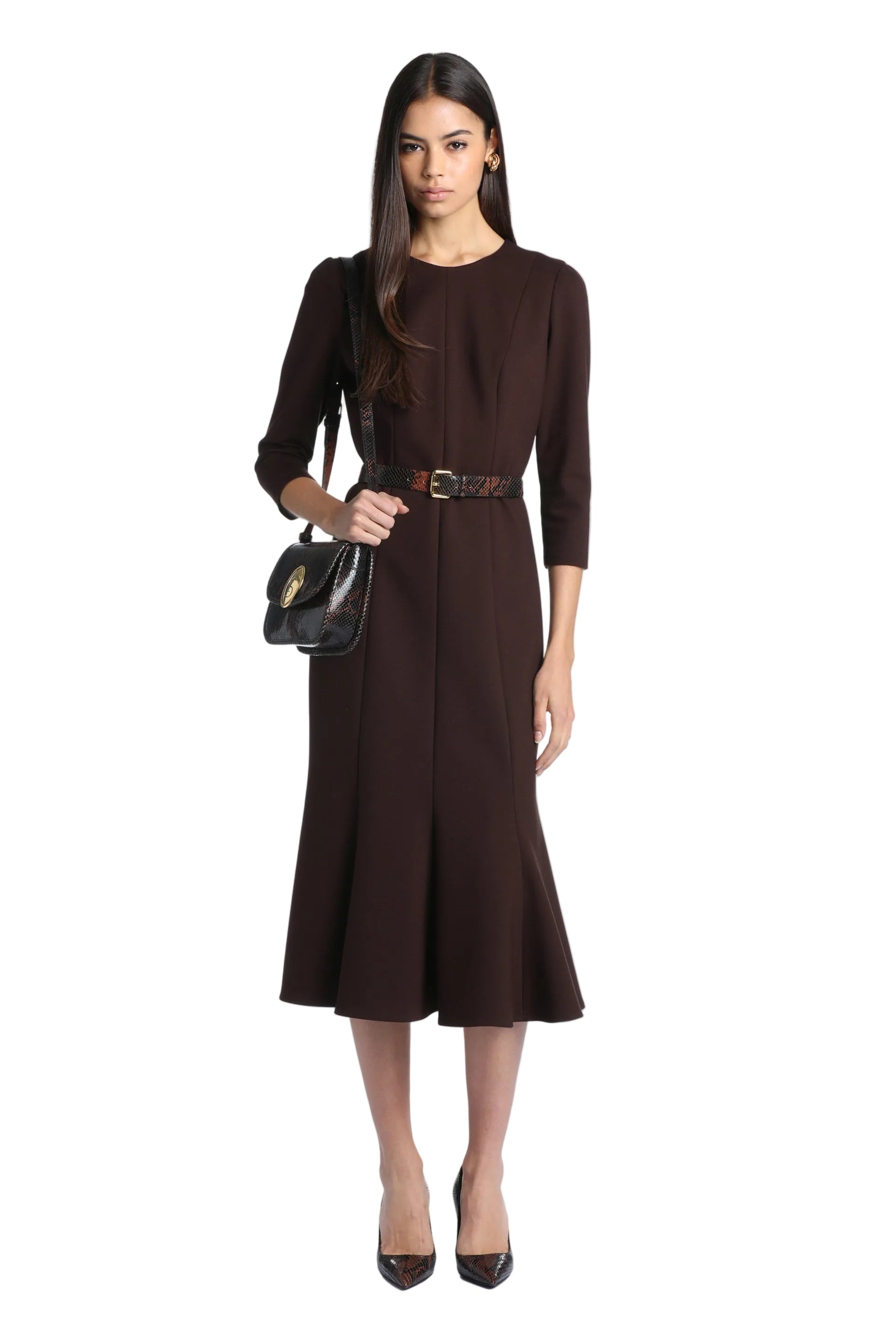 Brown midi dress with three-quarter sleeves, a round neckline, and a flared skirt with vertical seam detailing.