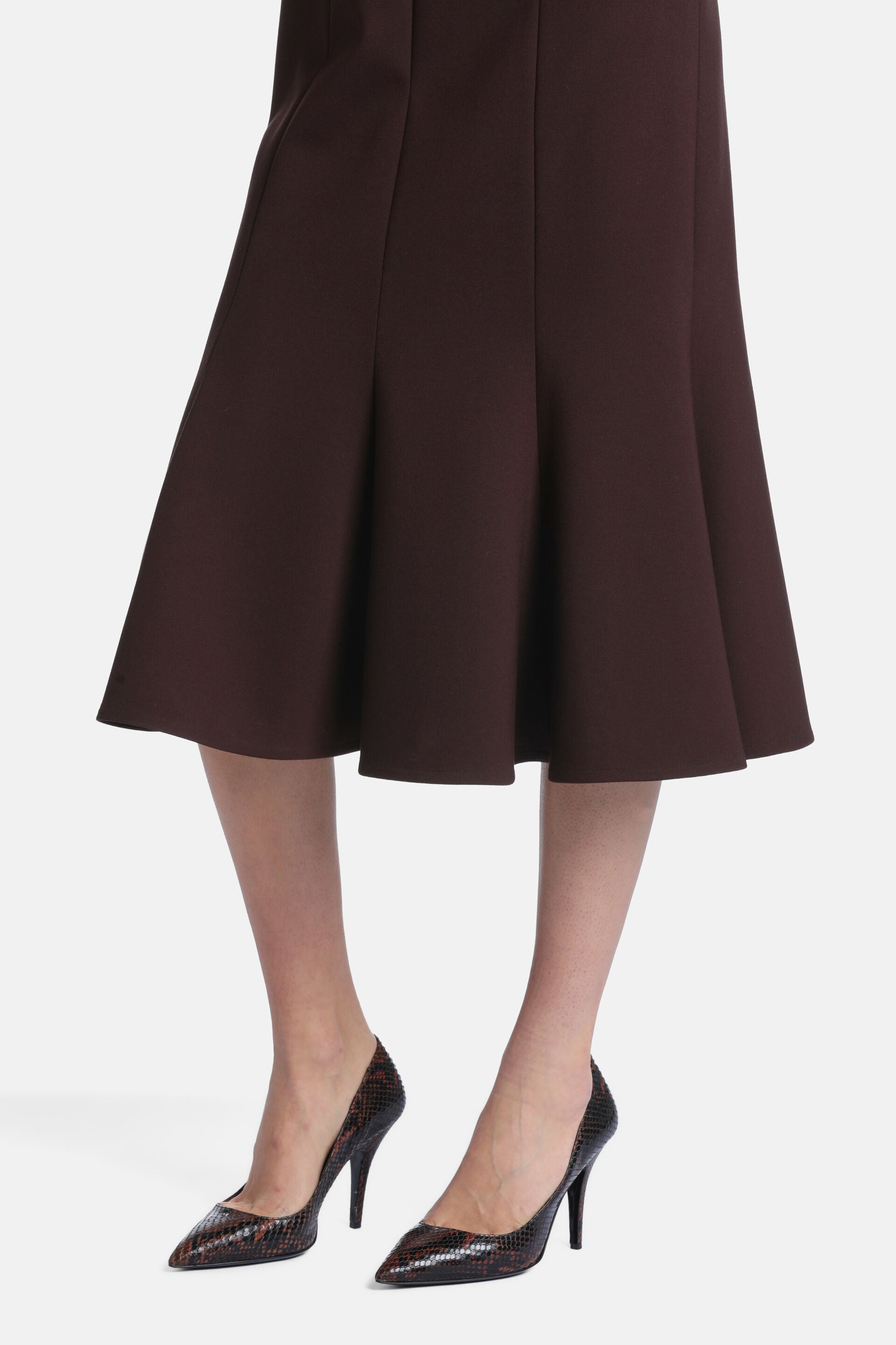 Brown dress with a flared A-line skirt, featuring vertical seams that create a subtle gored effect.