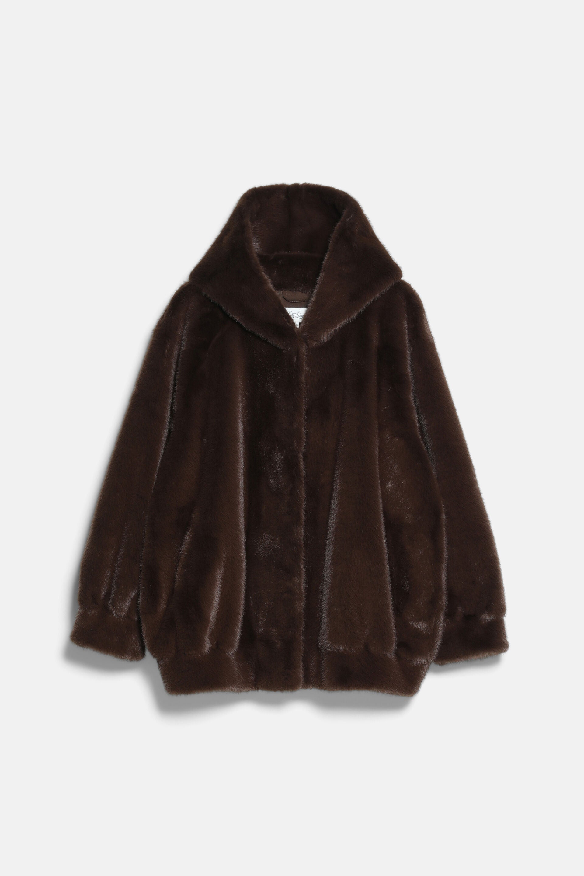 Dark brown faux fur hooded jacket with a wide collar, front button closure, and cuffed wrists and hem.