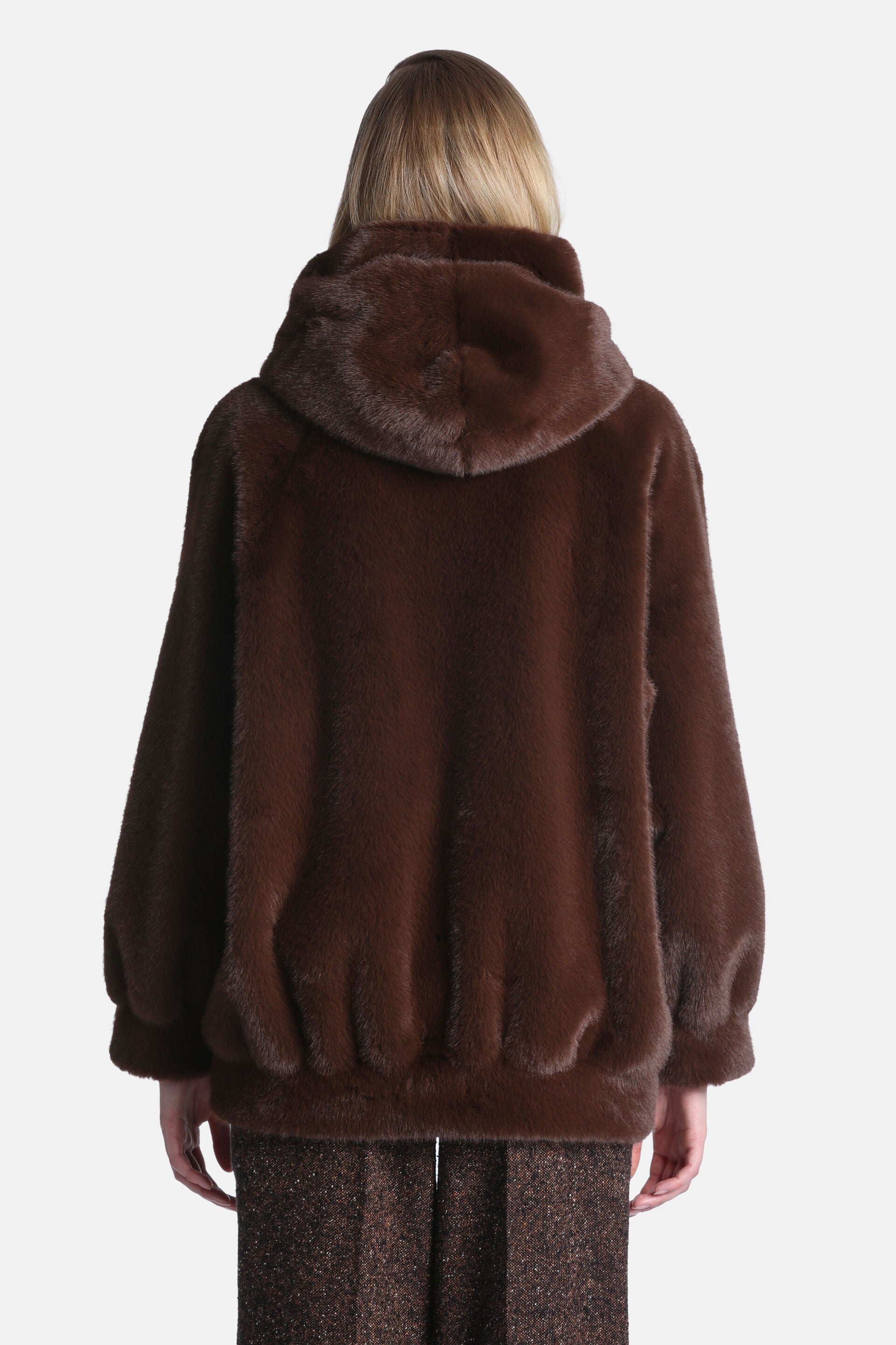 Dark brown faux fur hooded jacket with full sleeves, gathered cuffs, and a gathered hem.