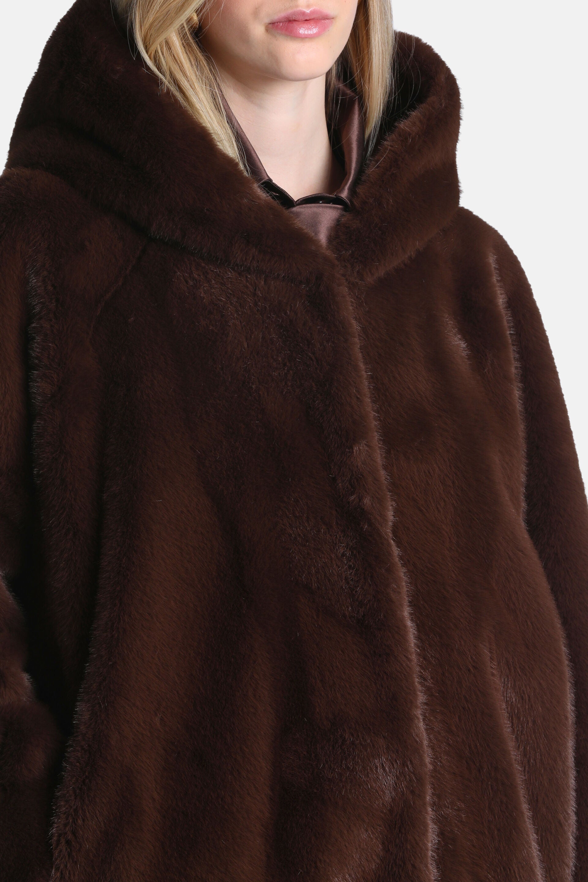 Dark brown hooded jacket made of plush faux fur, featuring a front button closure.