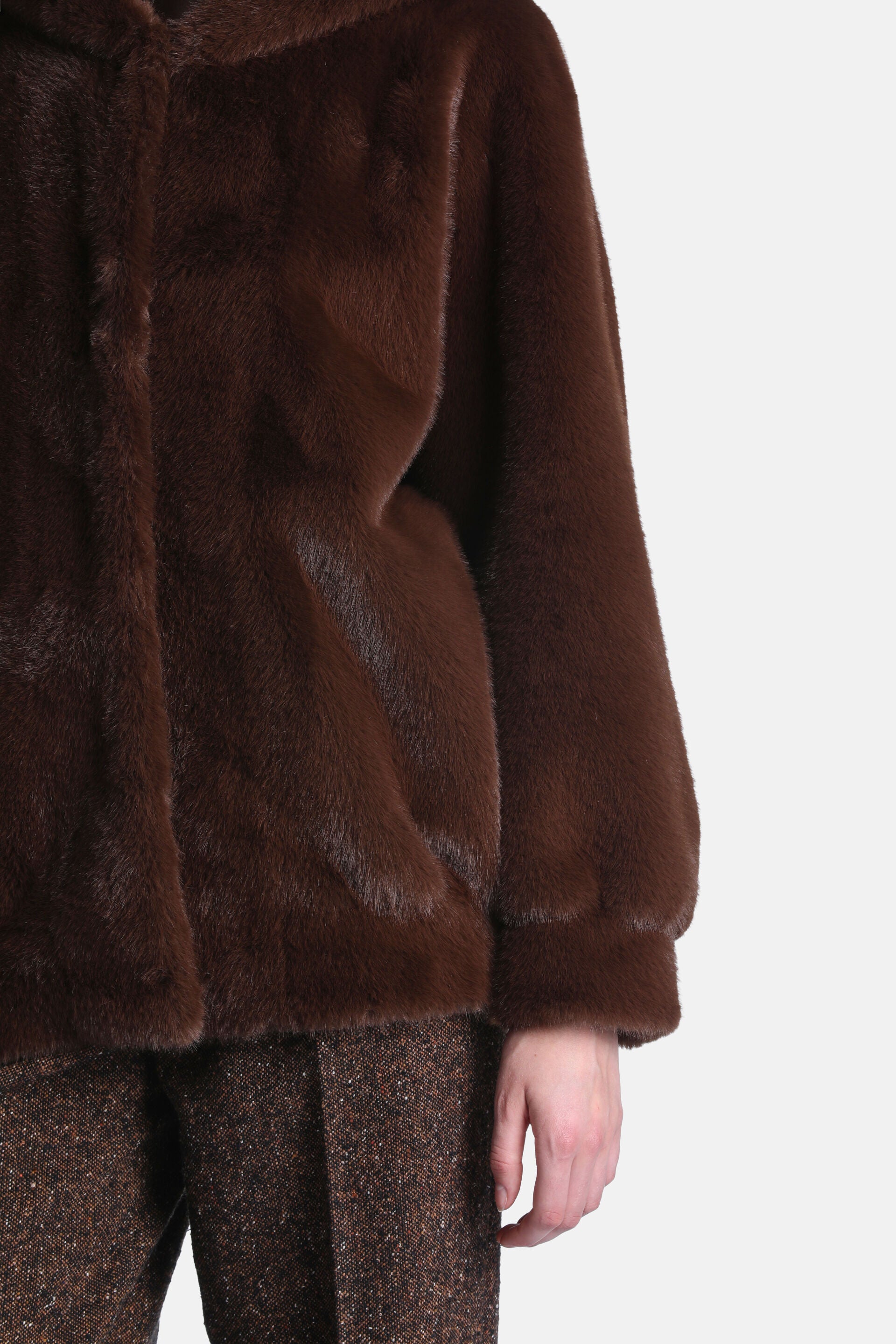 Dark brown hooded faux fur jacket with long sleeves, banded cuffs, and subtle front pockets.
