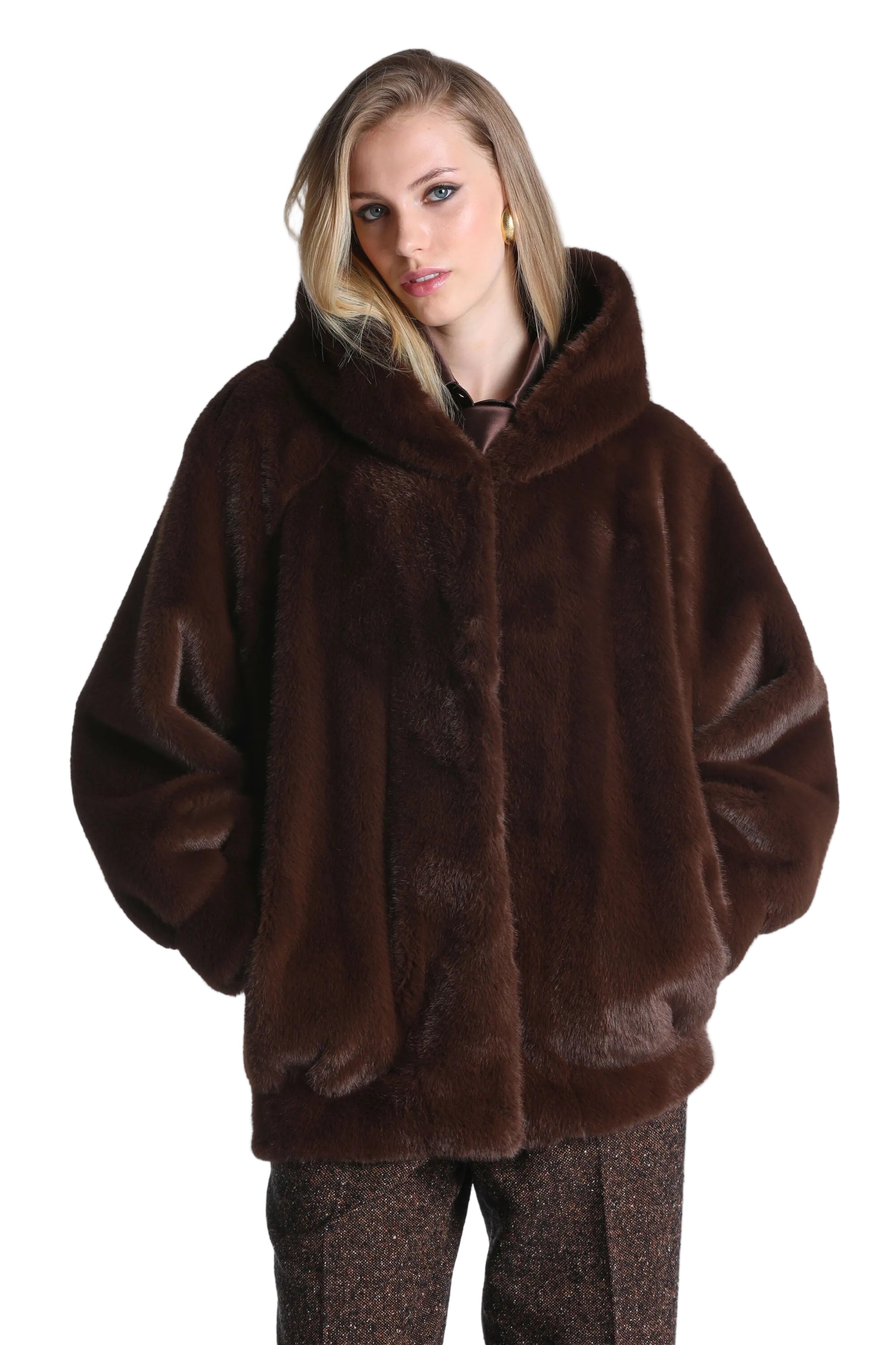 Dark brown relaxed-fit hooded jacket made from plush faux fur, featuring wide sleeves and discreet side pockets.