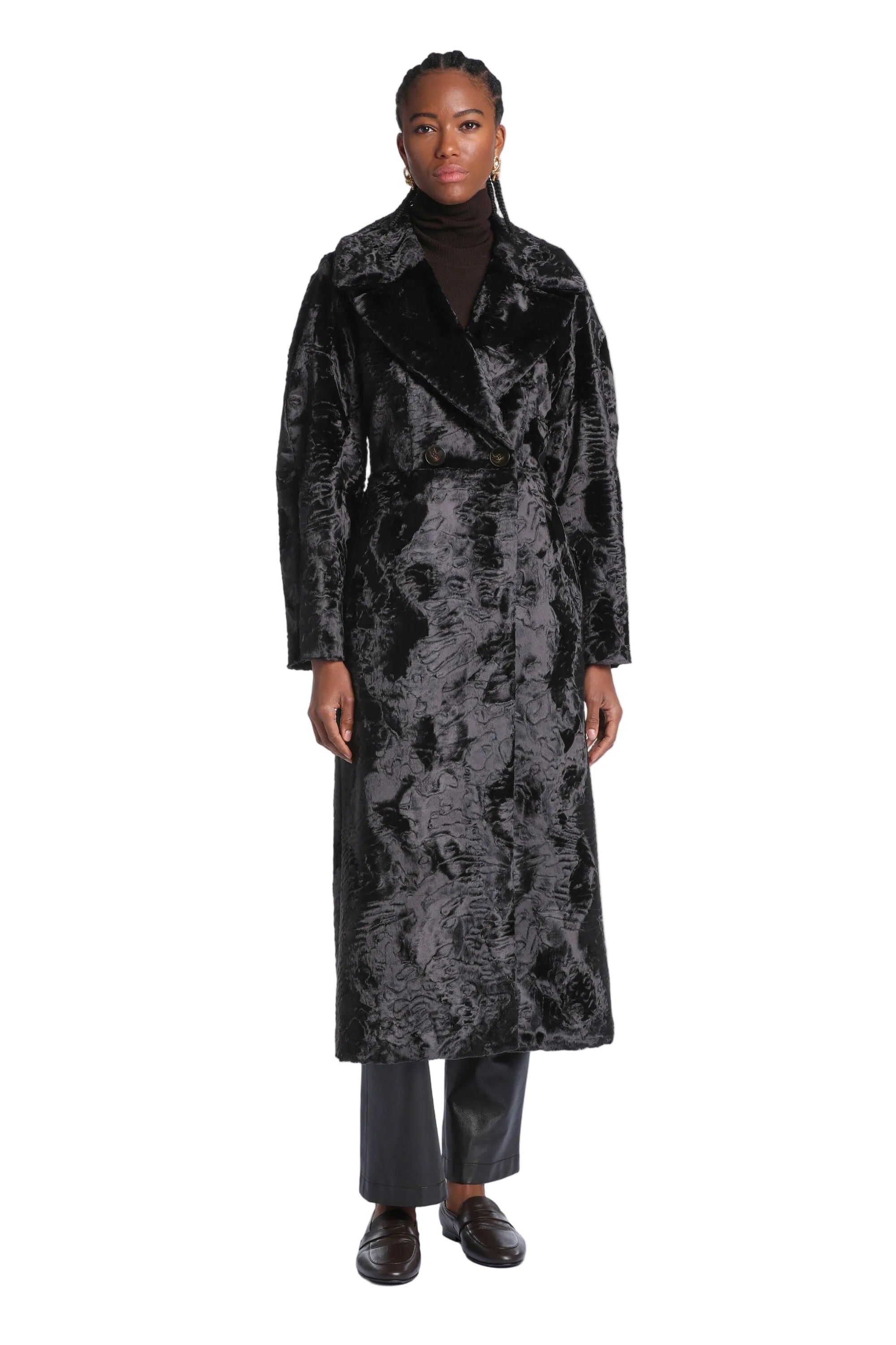 Brown double-breasted longline coat with a textured faux fur finish and wide lapels.