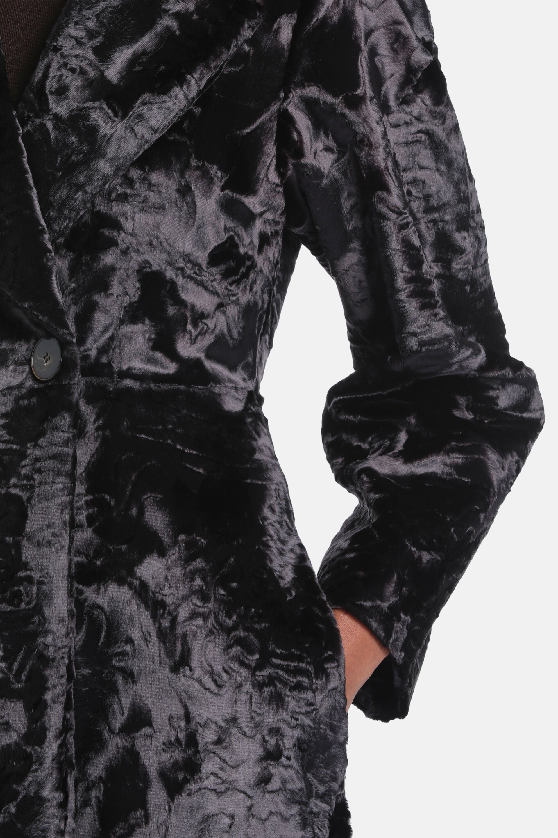 Dark brown coat with crinkled faux fur texture, lapel, single button, and wide gathered cuffs.