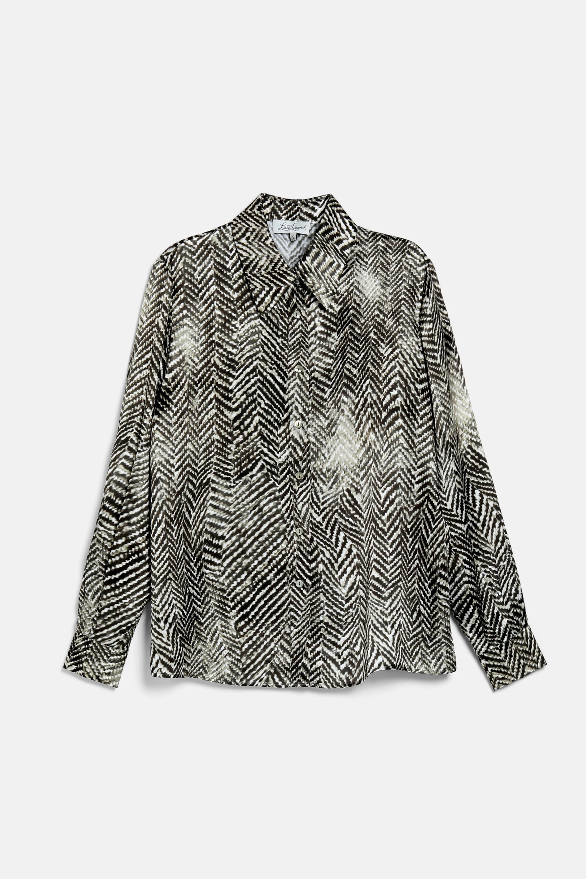 Green and off-white abstract herringbone pattern long-sleeved shirt with collar and button-front.