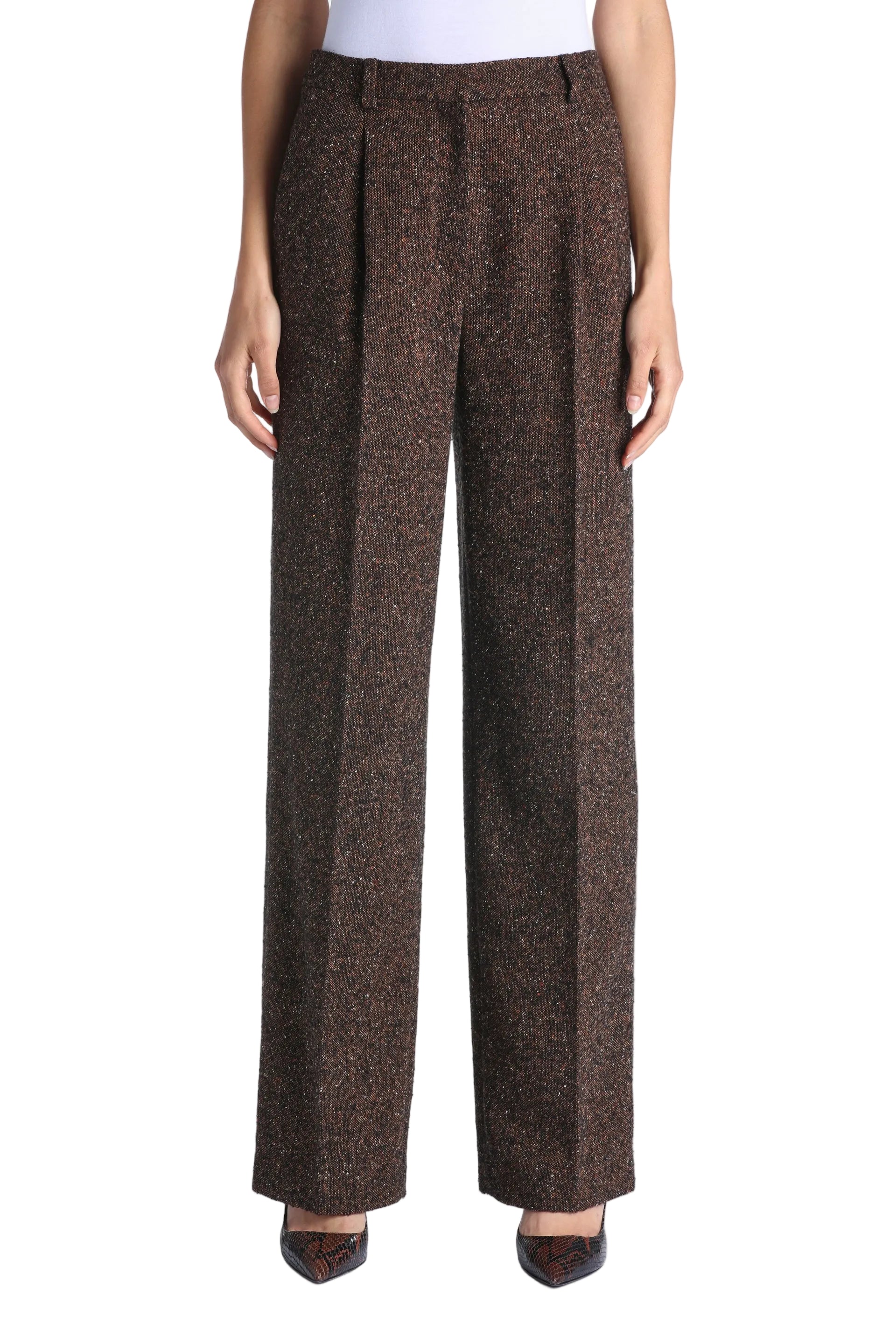 Brown flecked tweed-effect wide-leg trousers with front pleats and belt loops.