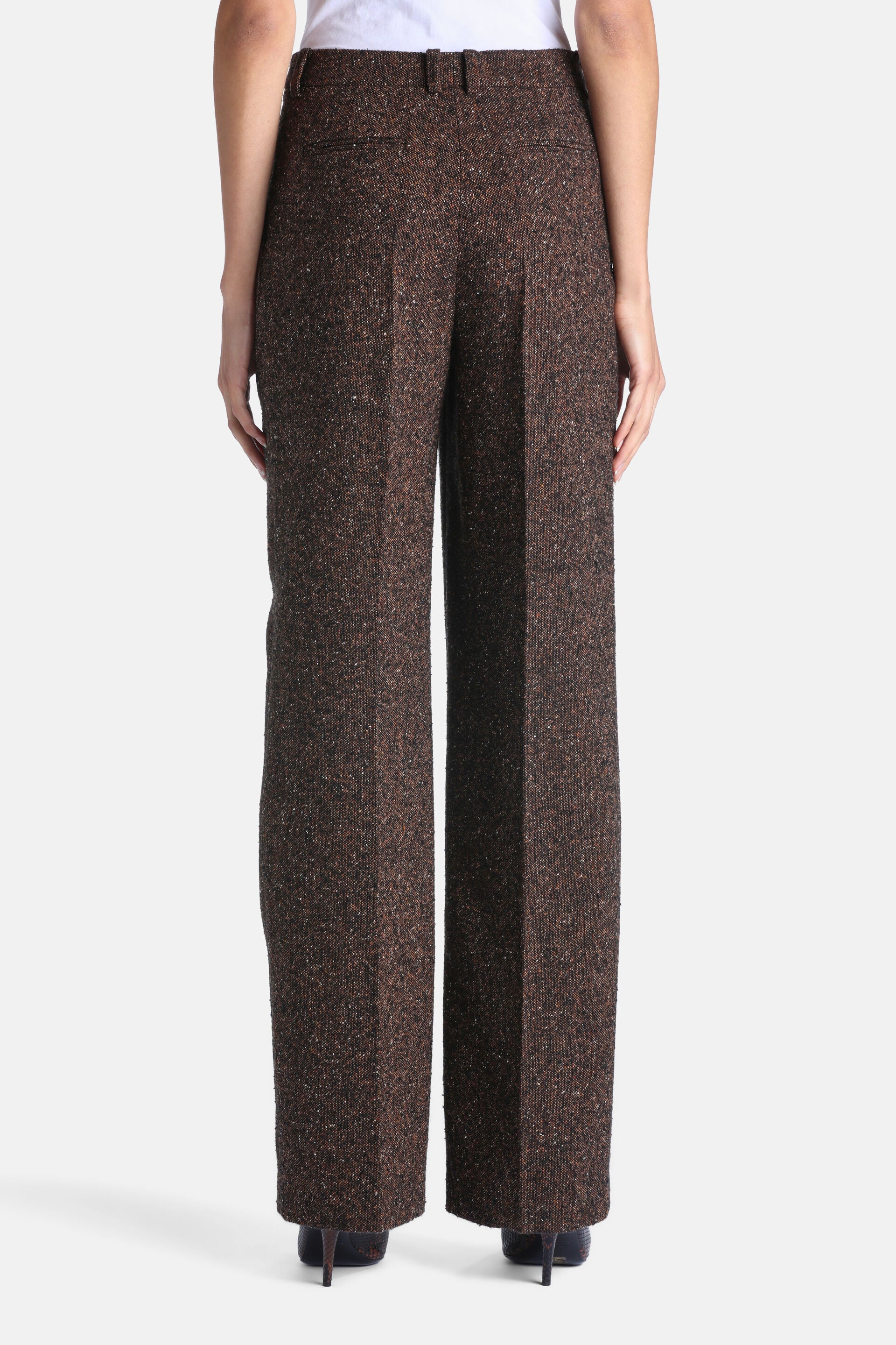 Brown tweed-like wide-leg trousers with a high waist, belt loops, and a center crease.