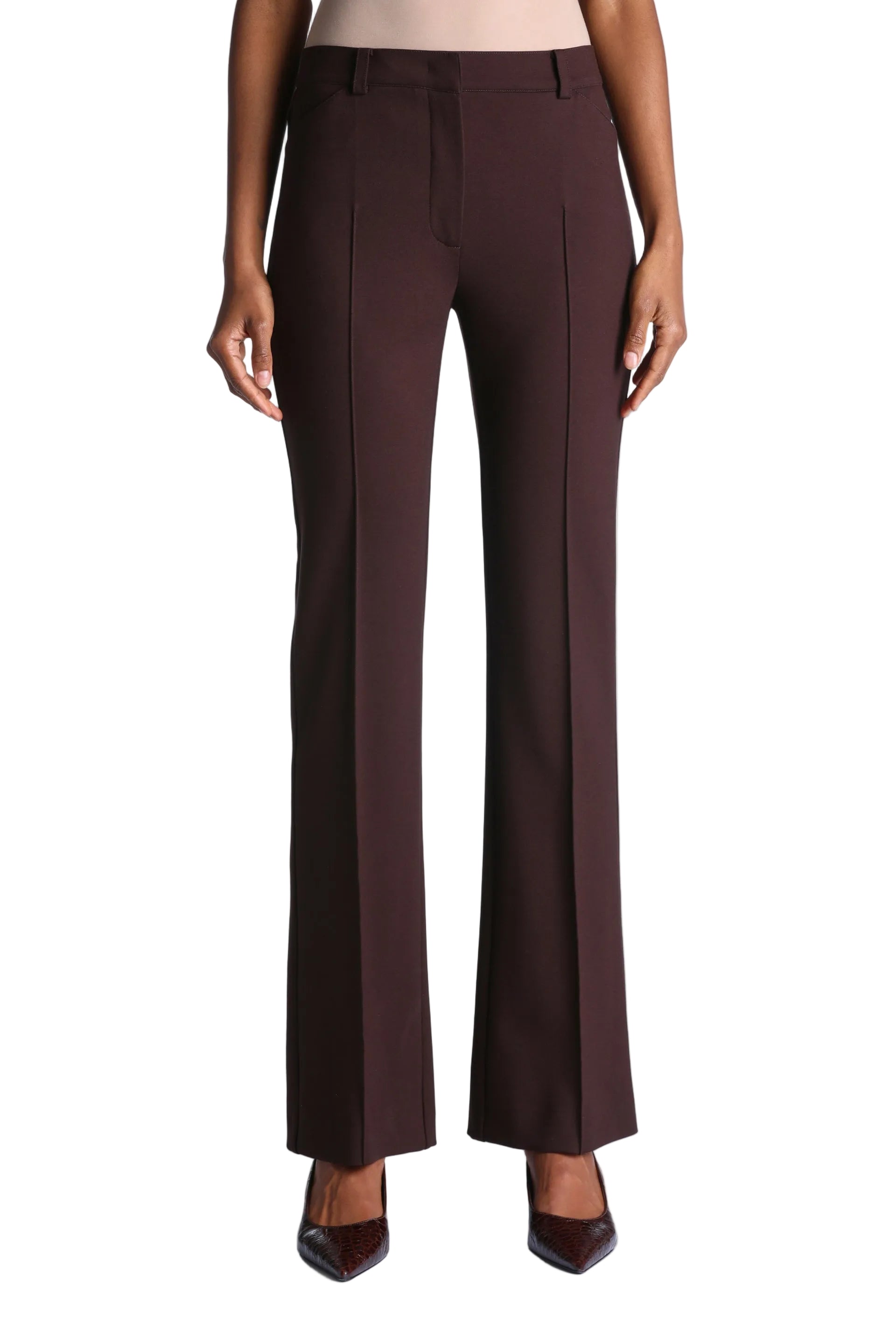 Brown tailored trousers with a straight leg and subtle flare, featuring vertical front seams and a mid-rise waist.