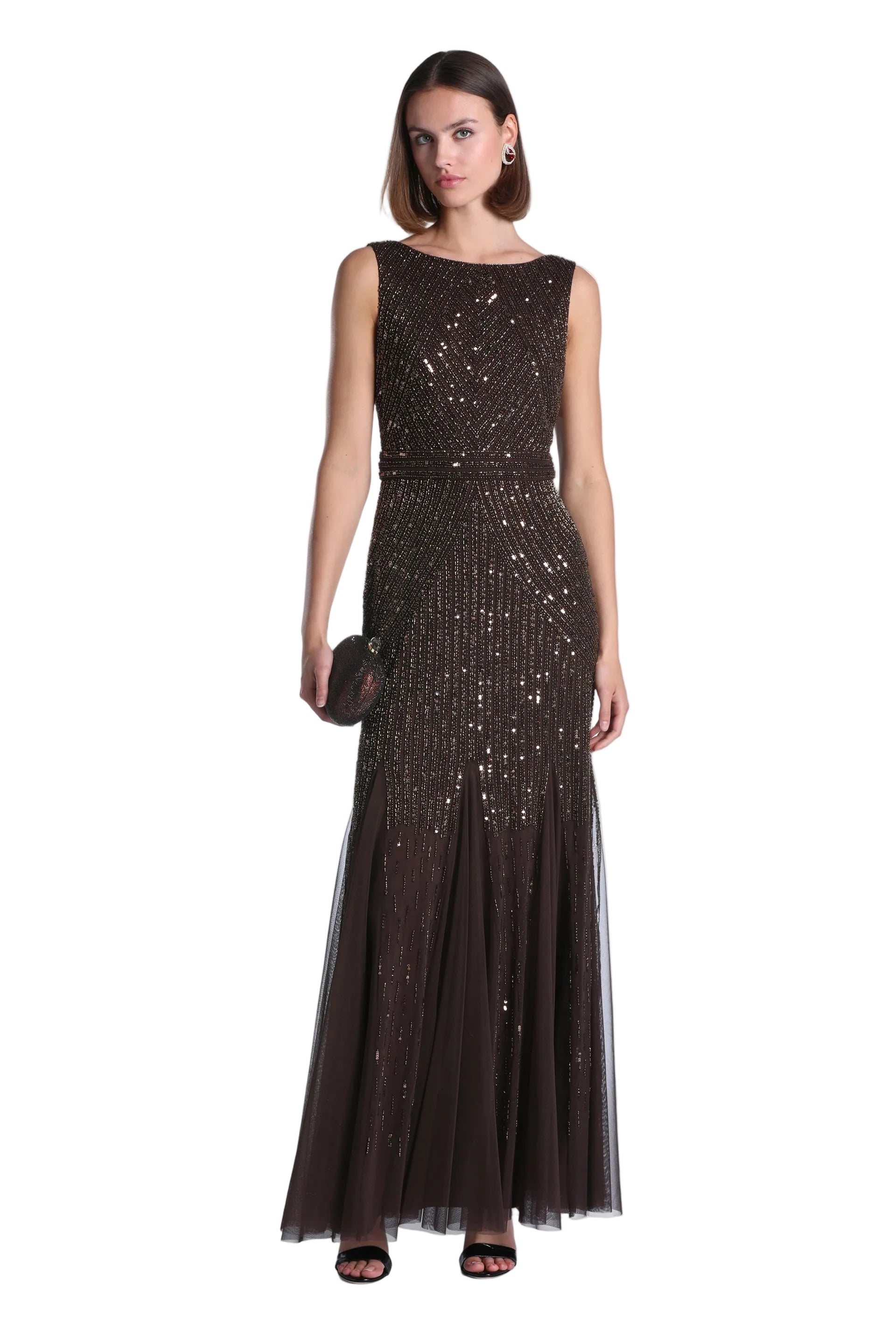 Dark brown sleeveless maxi dress with a boat neckline, featuring all-over bronze-toned bead and sequin embellishment.