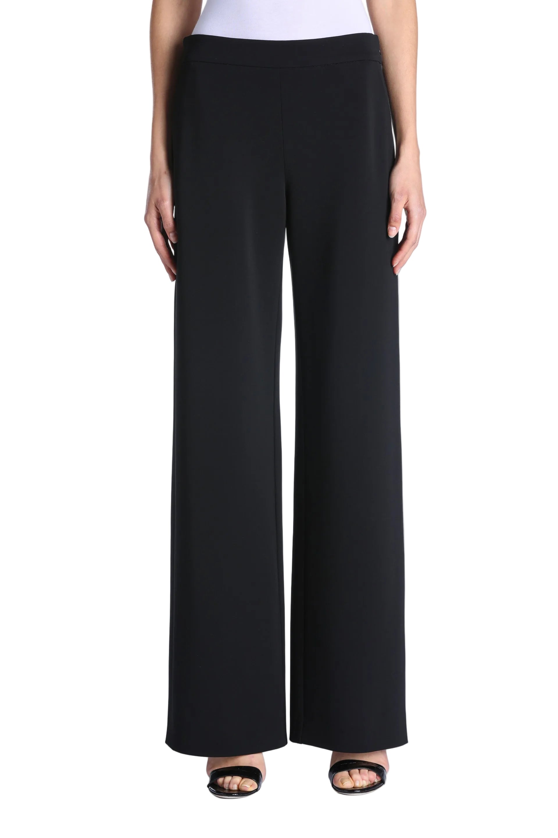 Black wide-leg trousers with a flat front waistband and smooth fabric.