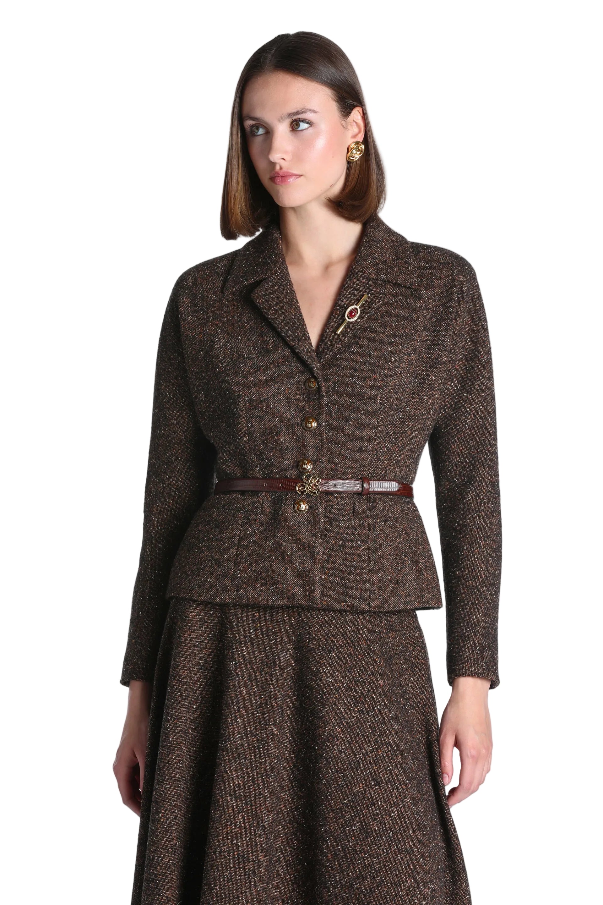 Brown textured tweed jacket with notched lapels, long sleeves, and gold-toned button front closure.