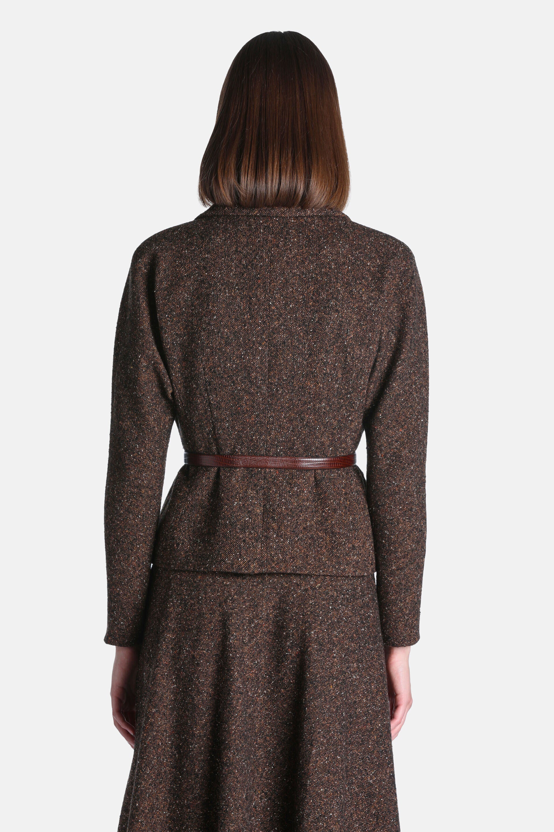 Brown variegated tweed jacket with long sleeves, a collar, and a thin dark brown textured belt cinching the waist.