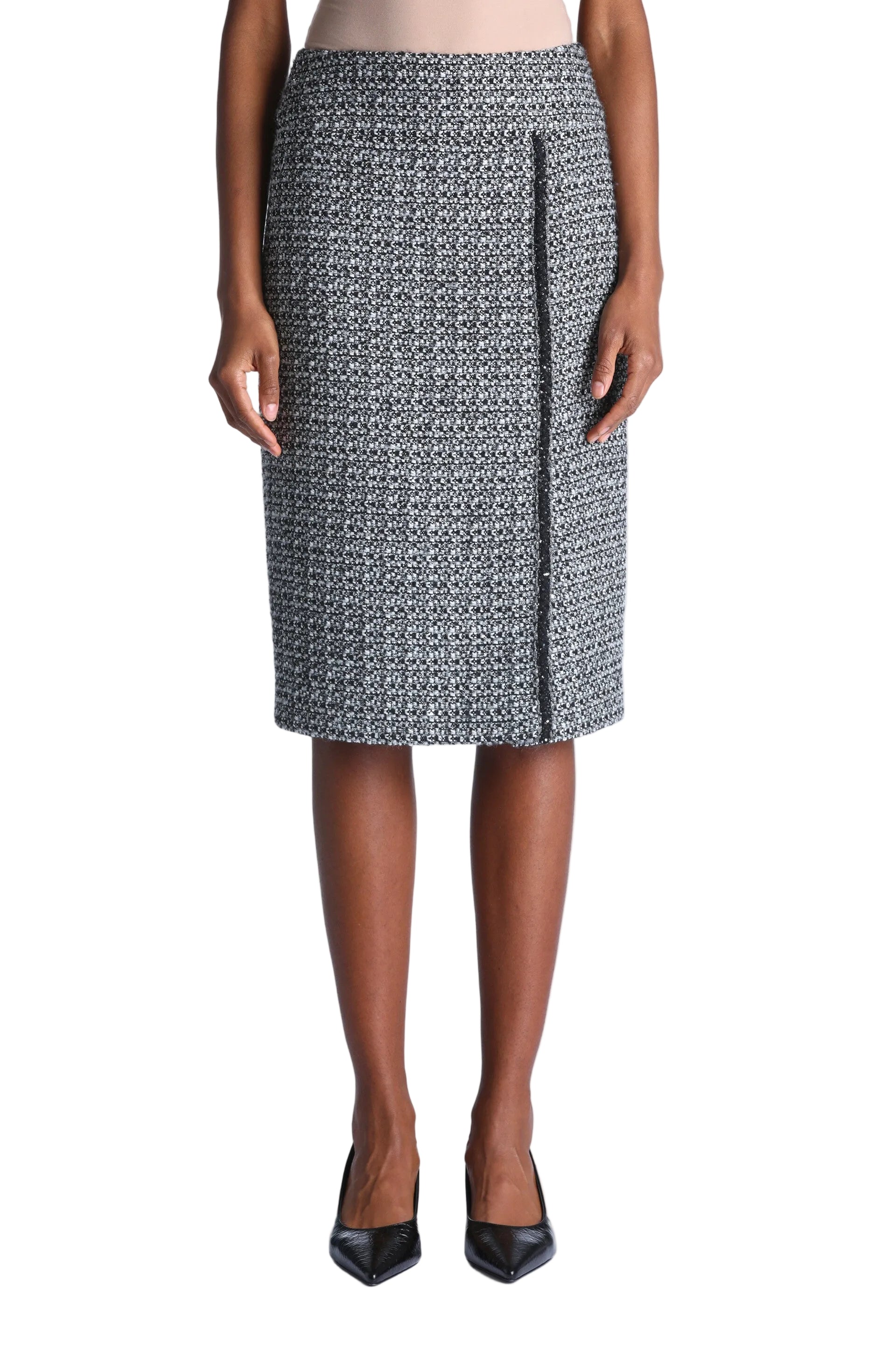Black and cream textured pencil skirt with a vertical trim detail.