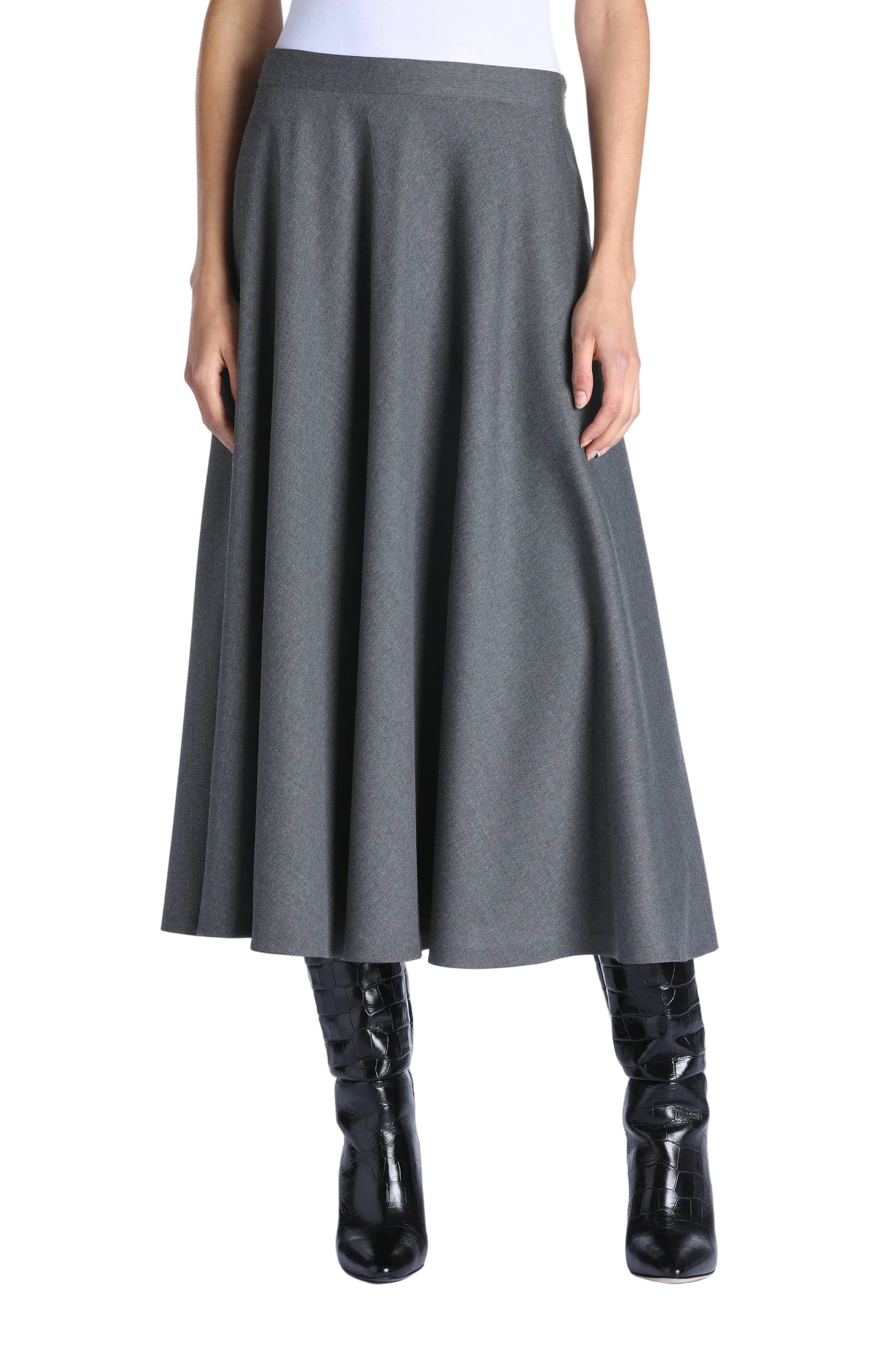 Greymelange A-line midi skirt with a flowing silhouette and flat waistband.