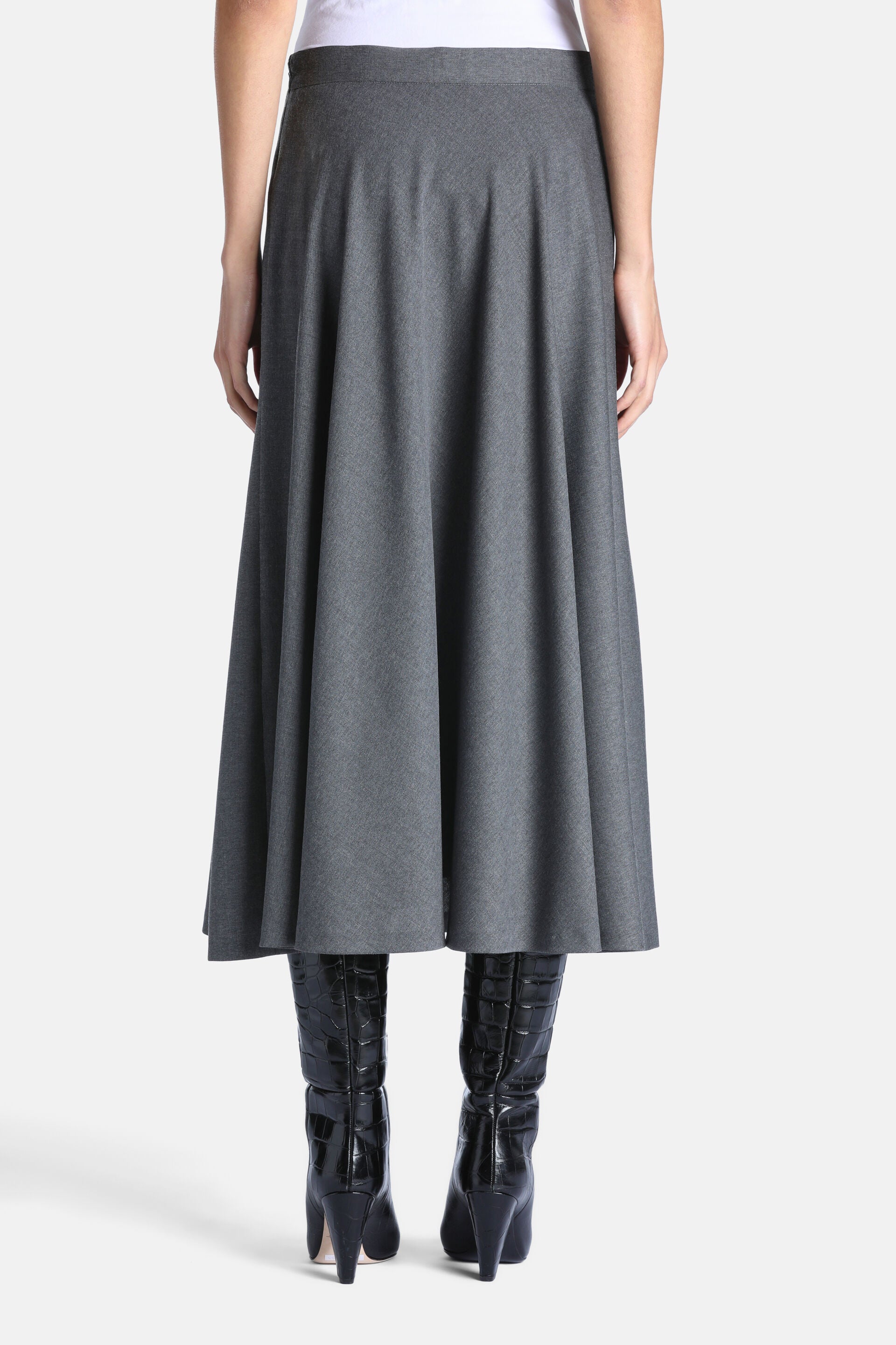 Grey melange midi skirt with a simple waistband and a full, flowing A-line silhouette, falling below the knee.