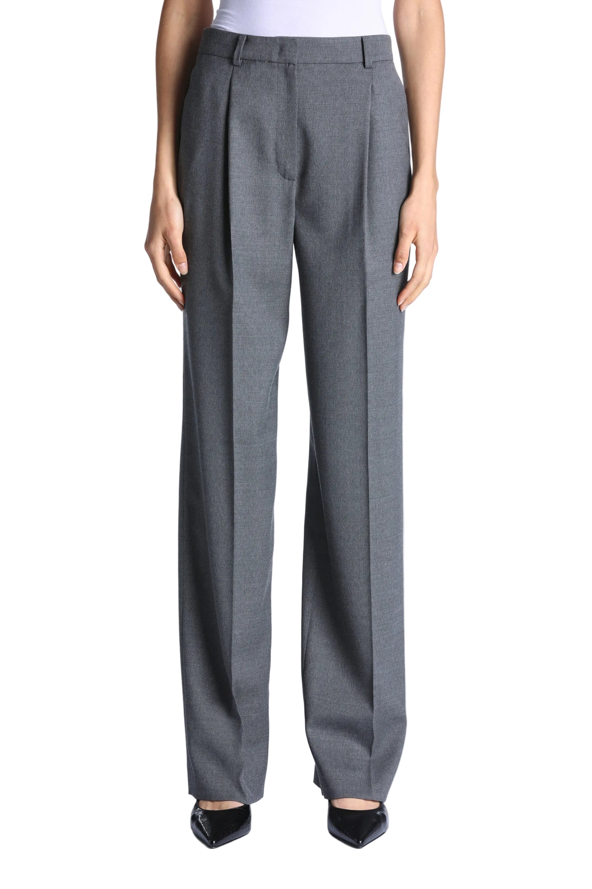 Luisa Spagnoli Osiglia tailored trousers in greymelange, featuring a high waist, front pleats, and a straight-leg cut.