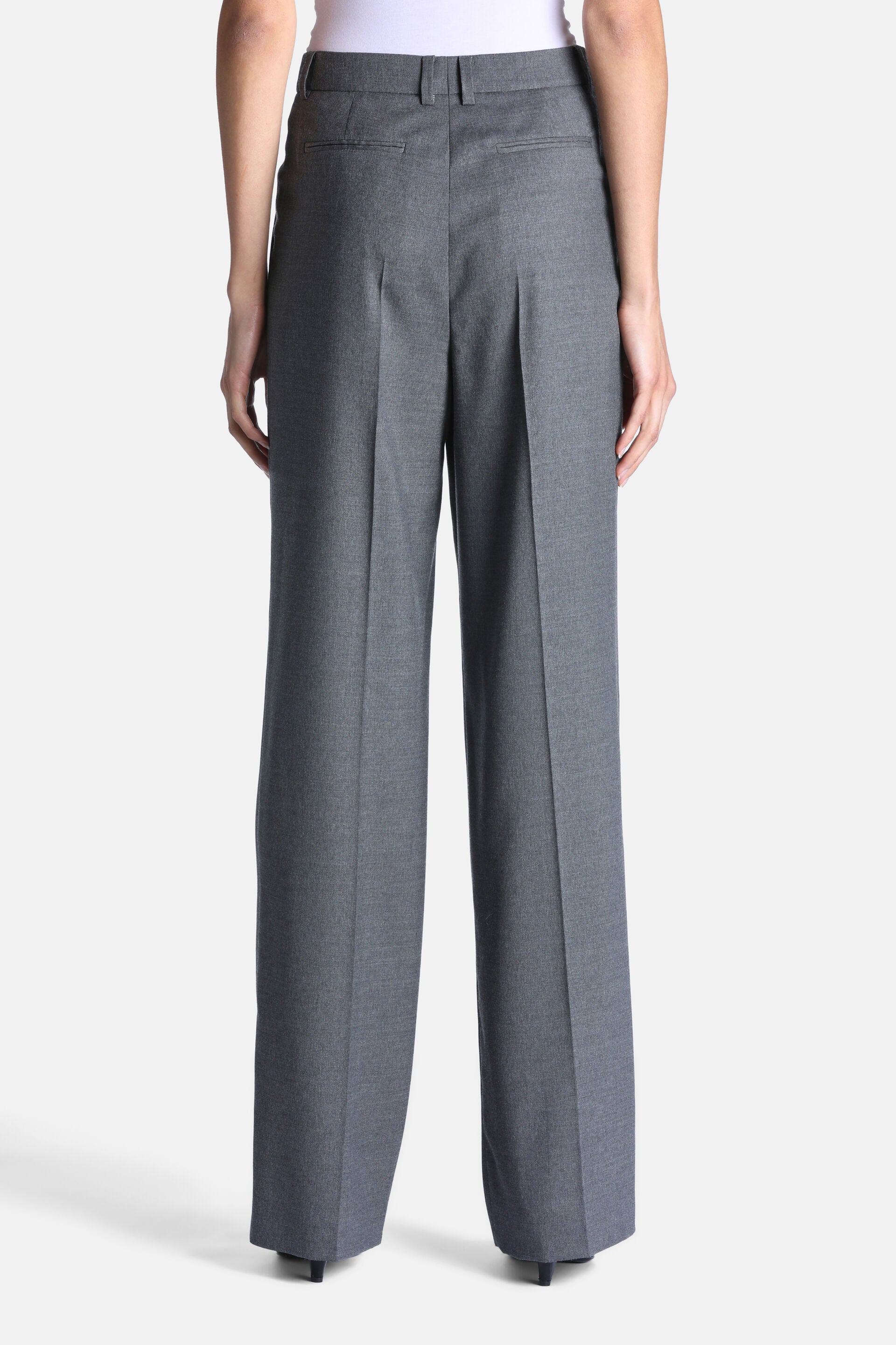 Grey melange wide-leg trousers with belt loops, two back welt pockets, and a pressed crease down each leg.