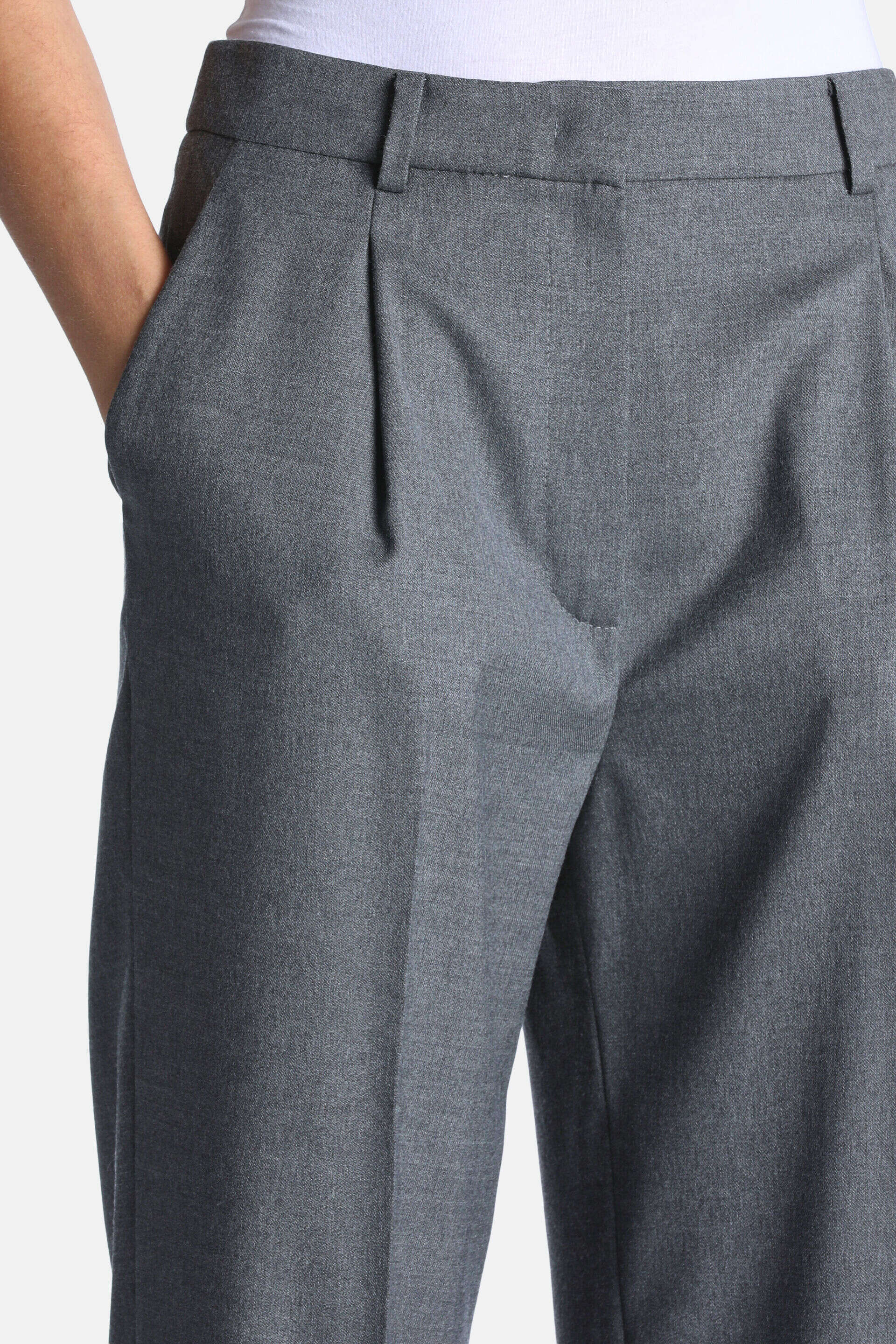 Greymelange woven trousers with a high waist, belt loops, single front pleats, and side pockets.