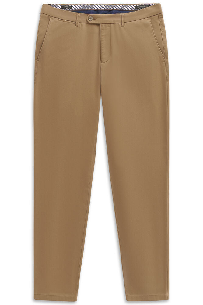 Tan casual flat-front trousers with belt loops, button and zip closure, slanted side pockets, and a striped inner waistband.