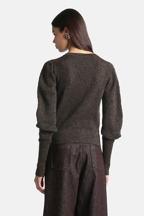 Dark brown ribbed knit cardigan with gold-toned shimmer. It features long puff sleeves with fitted cuffs.