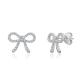 Pair of silver-toned bow stud earrings, each pavé-set with numerous clear cubic zirconia stones, with post-back closures.