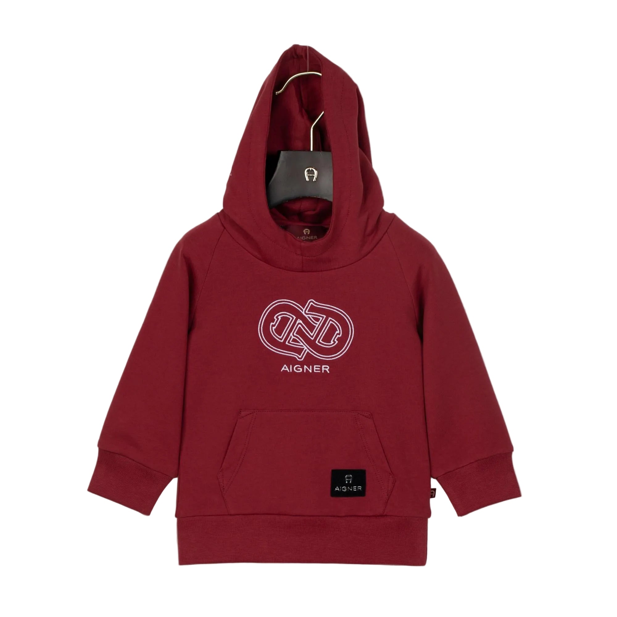 Burgundy hoodie with white intertwined logo and 'AIGNER' text on chest, kangaroo pocket, ribbed cuffs, hem, and black logo pa