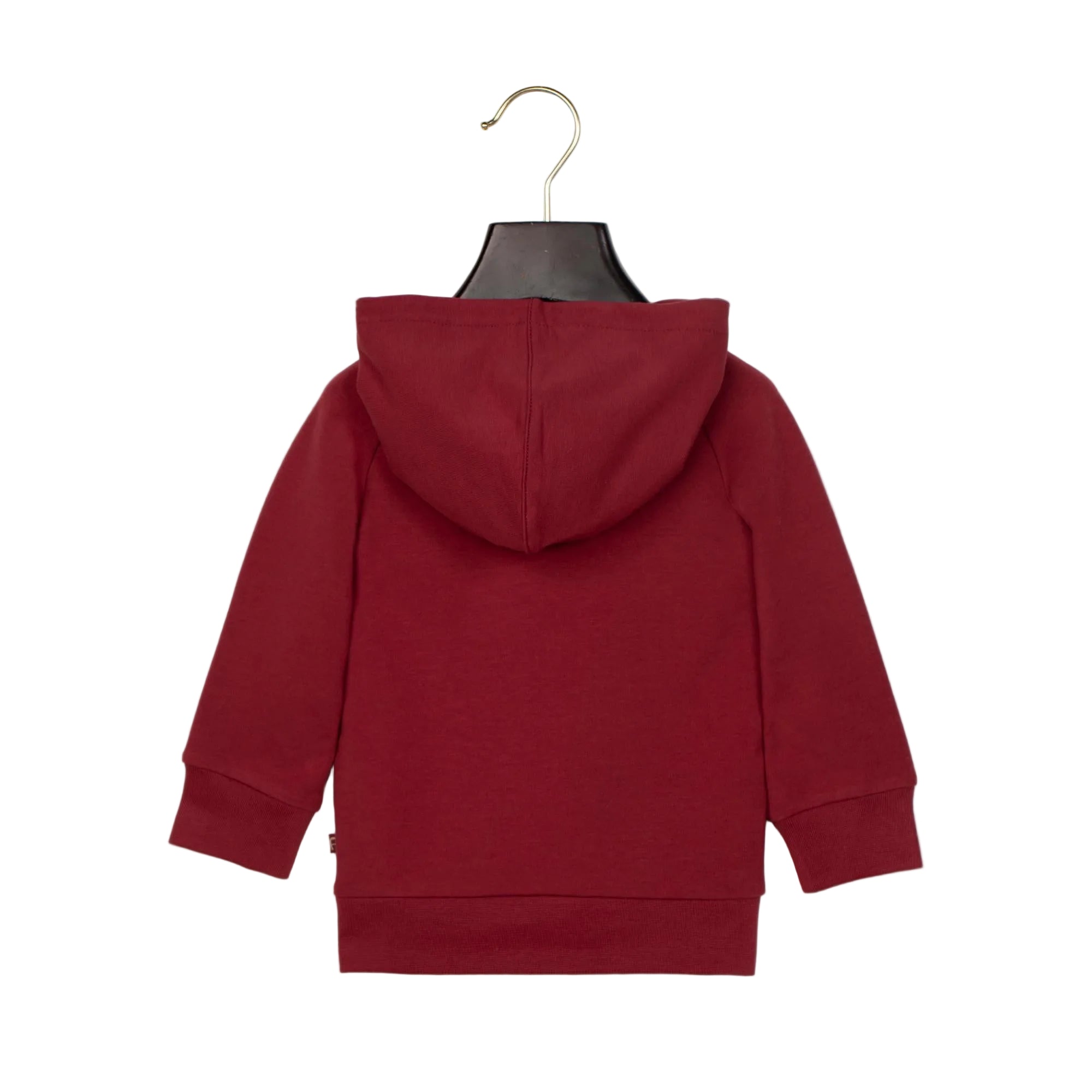 Burgundy long-sleeved hoodie, back view, with a hood, ribbed cuffs, and a ribbed hem.