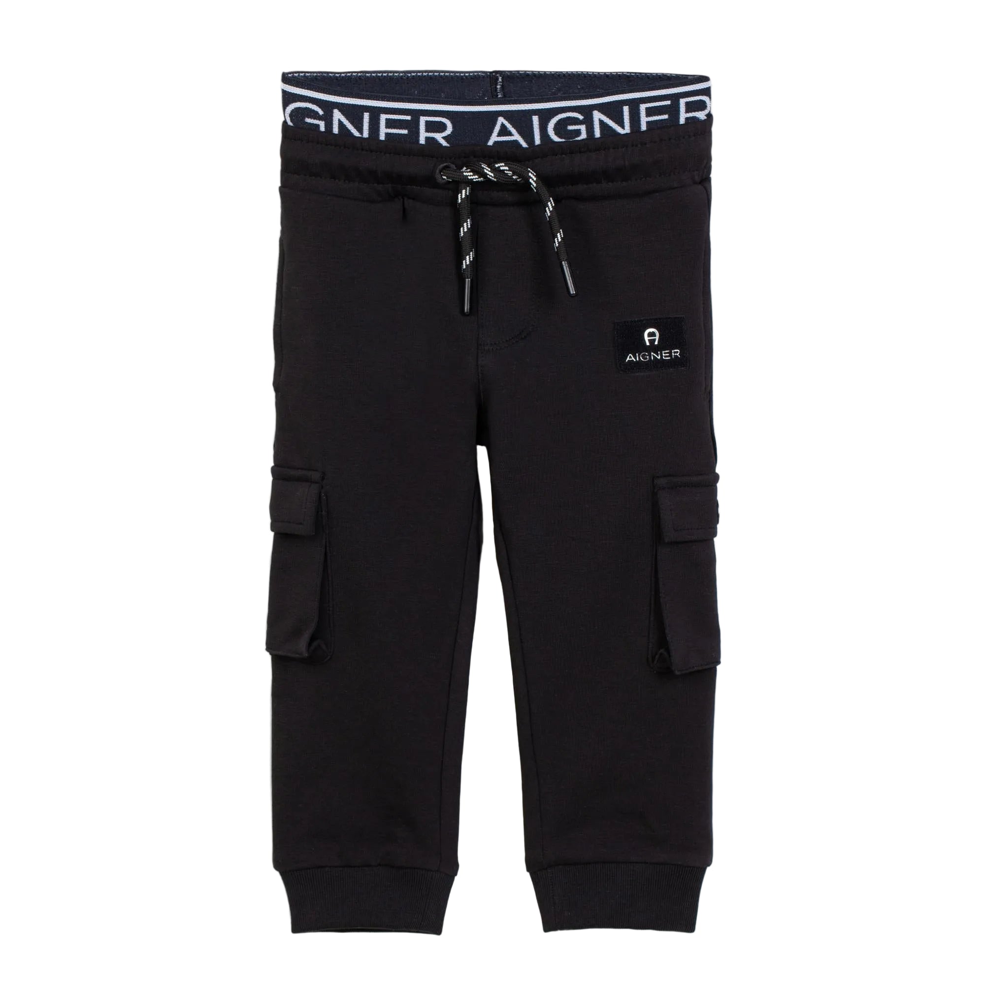 Black jogging pants with AIGNER logo elastic waistband, striped drawstring, cargo pockets, ribbed cuffs, and an AIGNER logo p