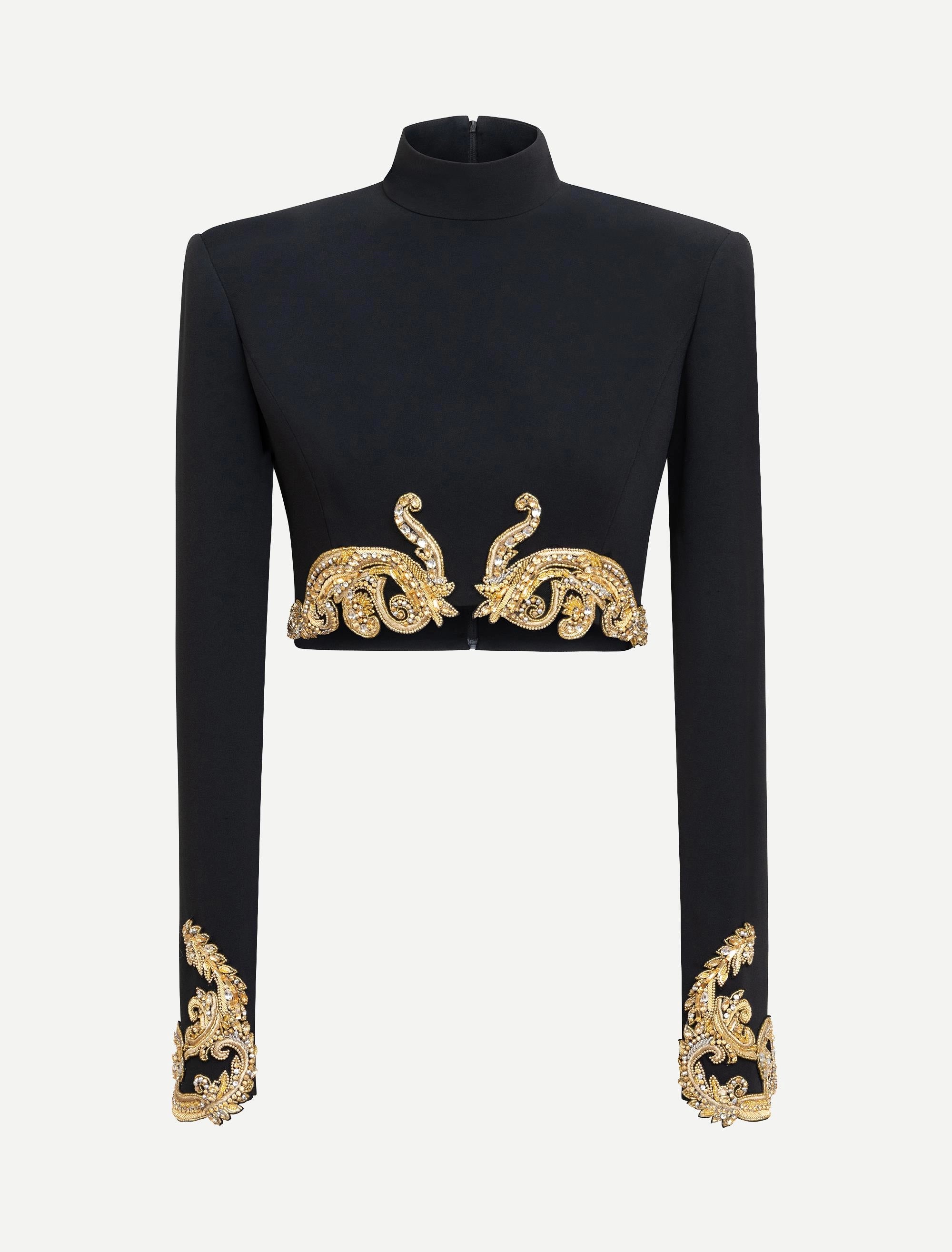 Black high-neck crop top with long sleeves, gold-toned baroque embroidery with clear crystals on front hem and cuffs.